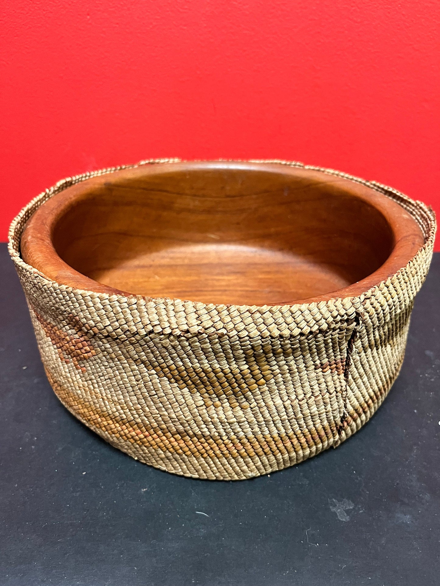 Stunning 10 x 4 1/2 inch high danish teak bowl with an Indigenous First Nations woven and cedar bark antique cover - see photos - wow