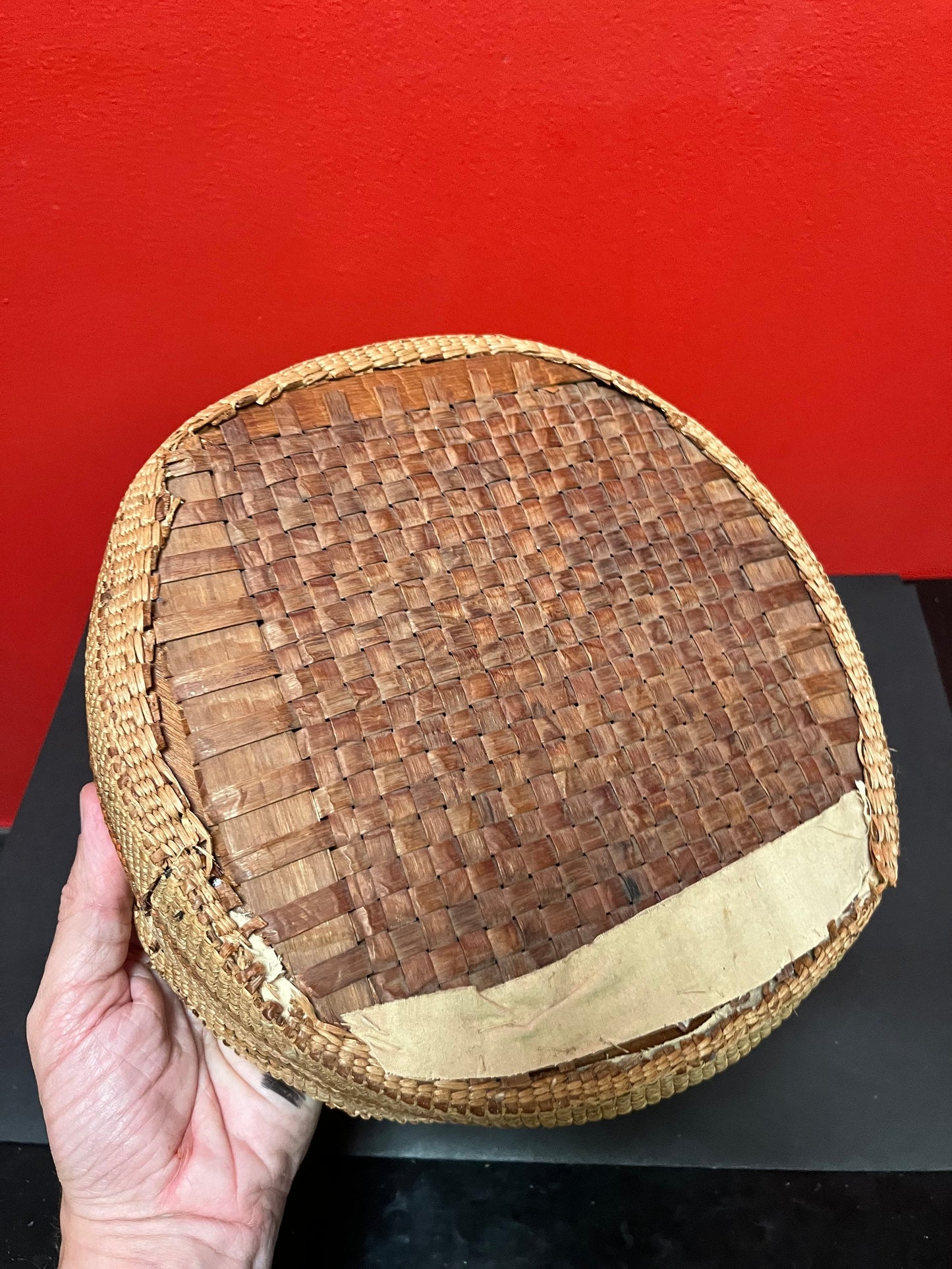 Stunning 10 x 4 1/2 inch high danish teak bowl with an Indigenous First Nations woven and cedar bark antique cover - see photos - wow