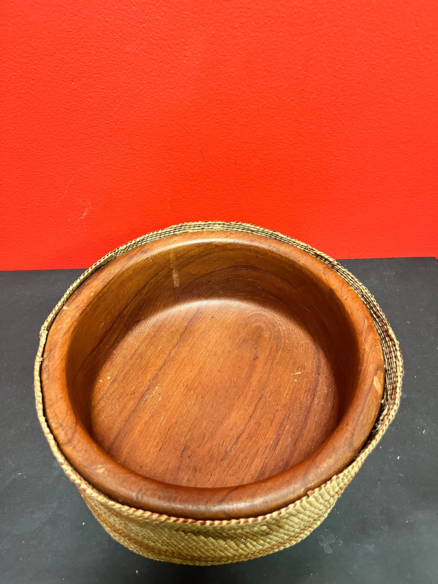 Stunning 10 x 4 1/2 inch high danish teak bowl with an Indigenous First Nations woven and cedar bark antique cover - see photos - wow