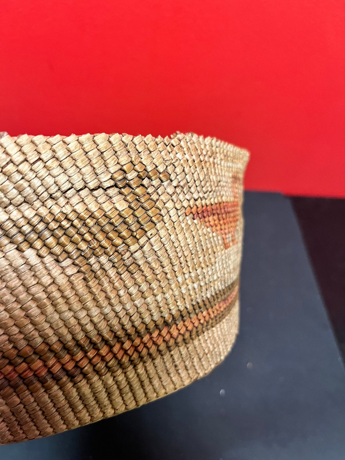 Stunning 10 x 4 1/2 inch high danish teak bowl with an Indigenous First Nations woven and cedar bark antique cover - see photos - wow