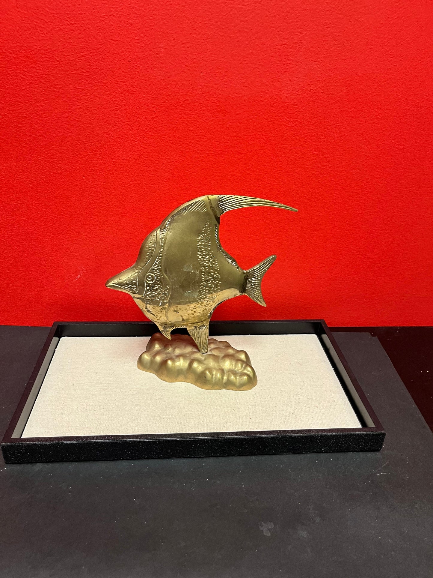 9 inch tall heavy brass fish on stand