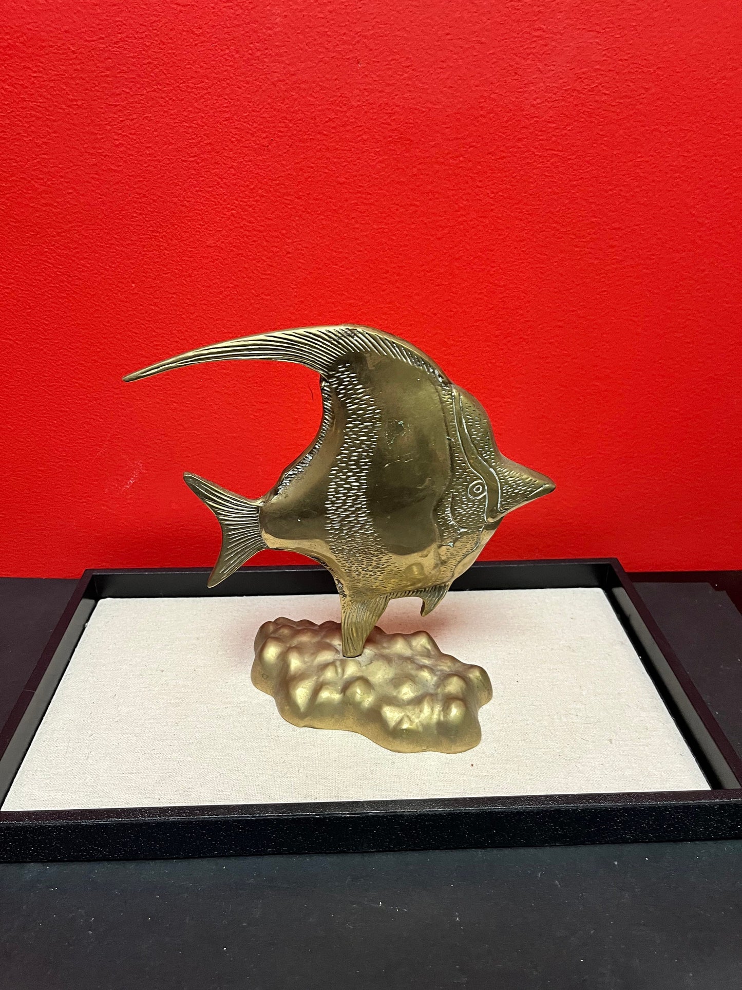 9 inch tall heavy brass fish on stand