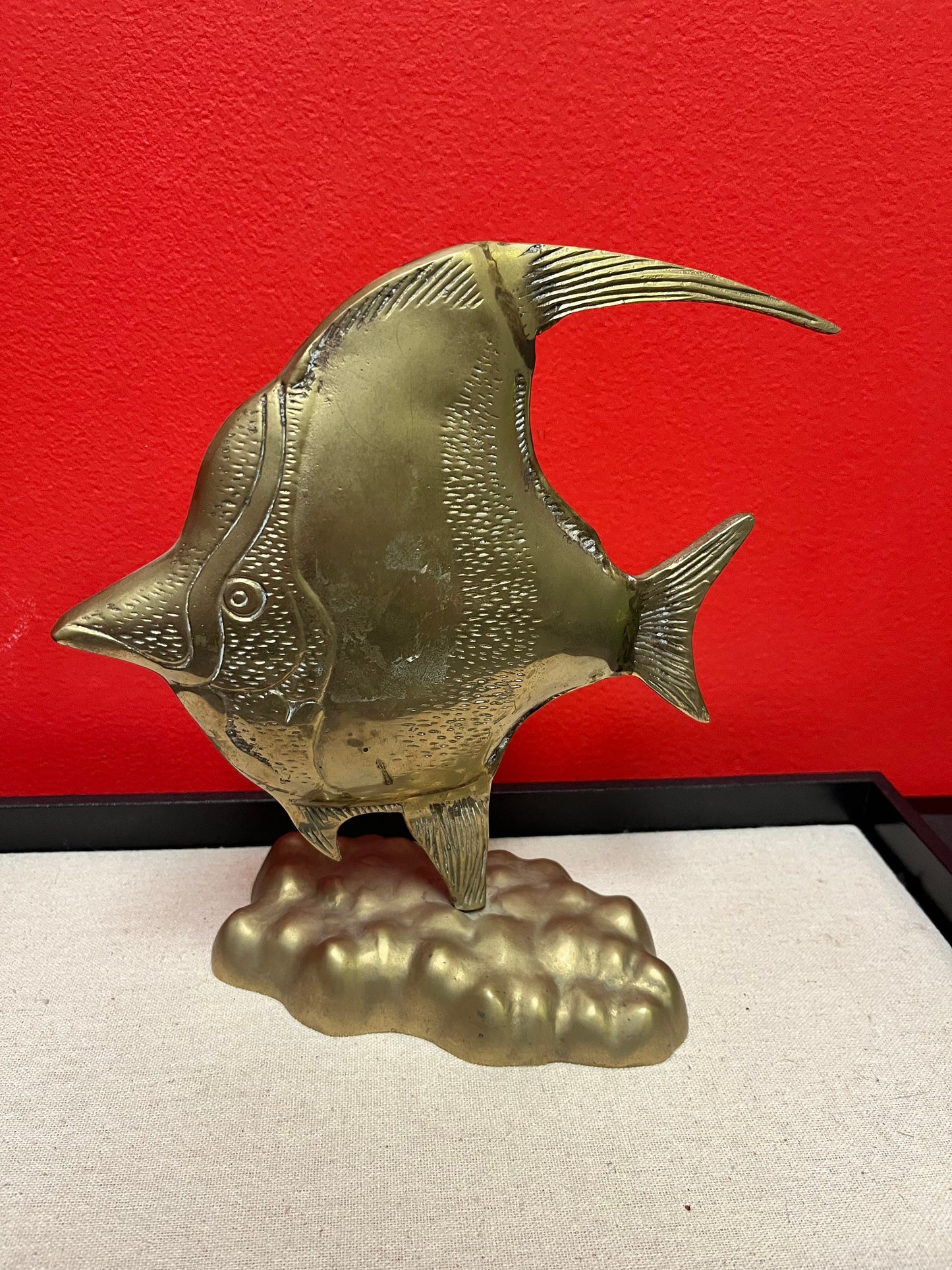 9 inch tall heavy brass fish on stand