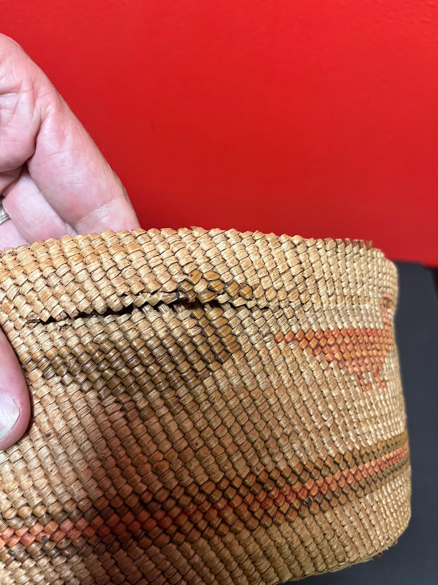 Stunning 10 x 4 1/2 inch high danish teak bowl with an Indigenous First Nations woven and cedar bark antique cover - see photos - wow