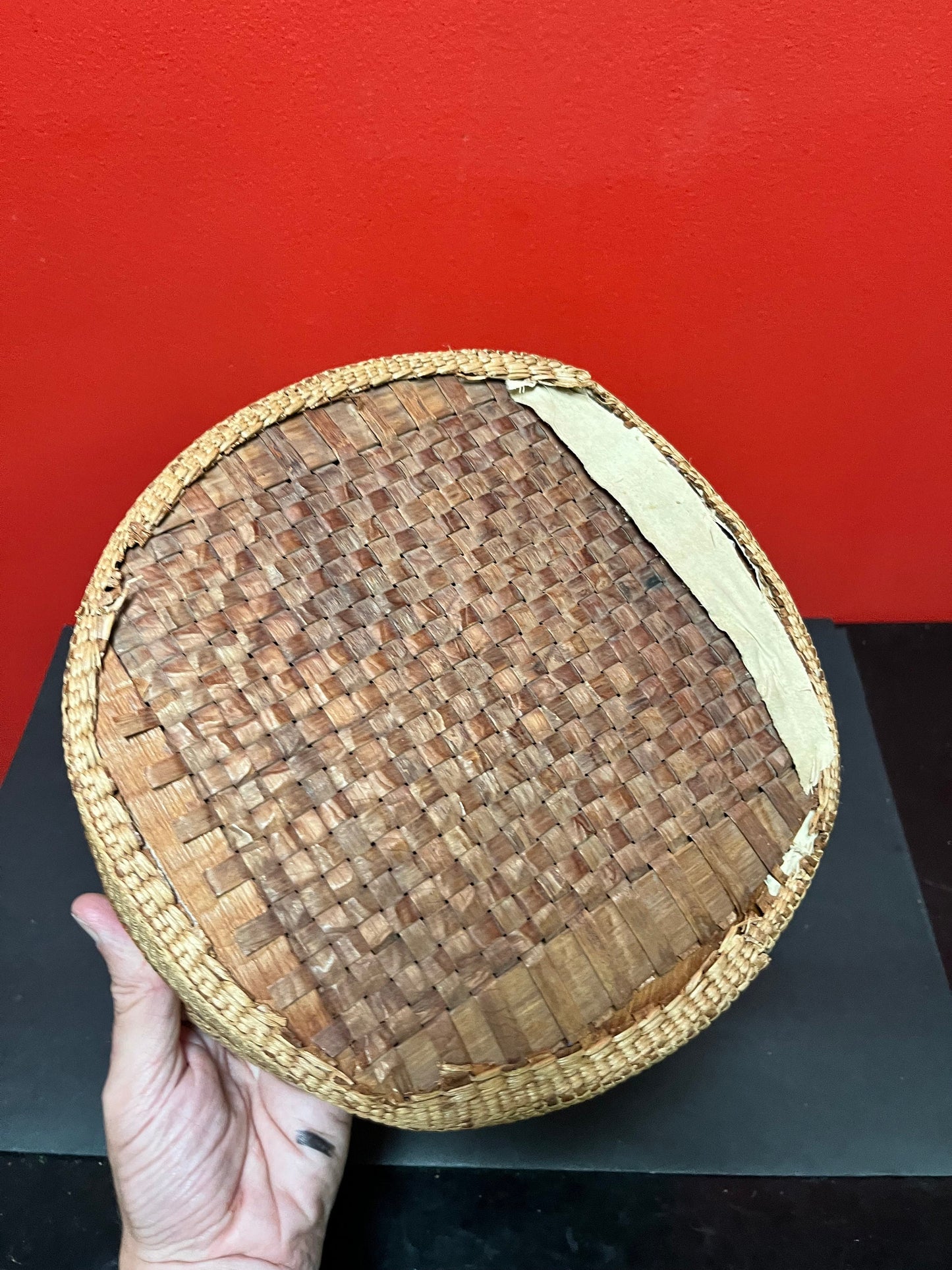 Stunning 10 x 4 1/2 inch high danish teak bowl with an Indigenous First Nations woven and cedar bark antique cover - see photos - wow