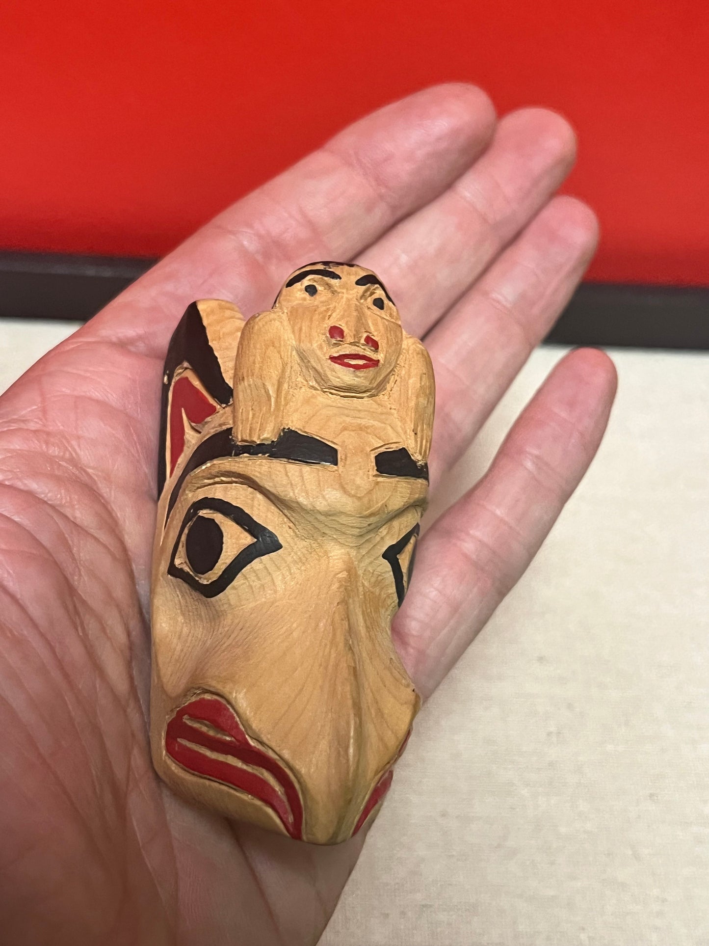 Lovely signed indigenous first nations pacific northwest coast 3 inch tall Eagle and human transformation cedar Mask