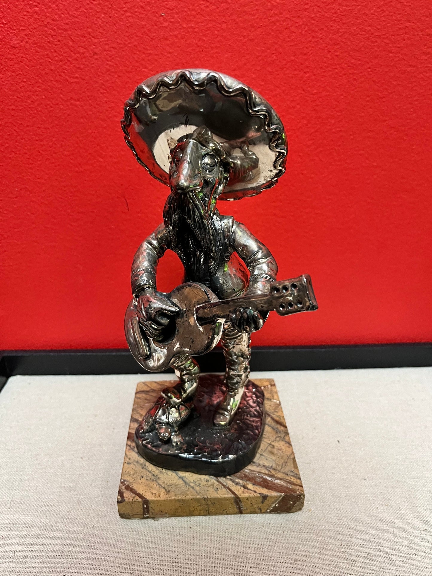 Lovely 9 inch Mexican silver banjo player signed on marble stand  not sterling   cool imagery