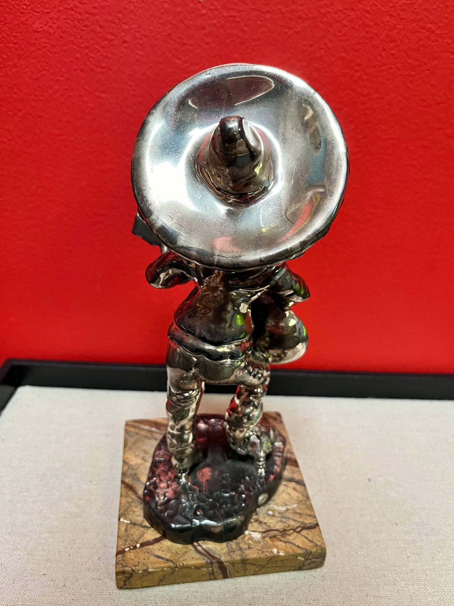 Lovely 9 inch Mexican silver banjo player signed on marble stand  not sterling   cool imagery