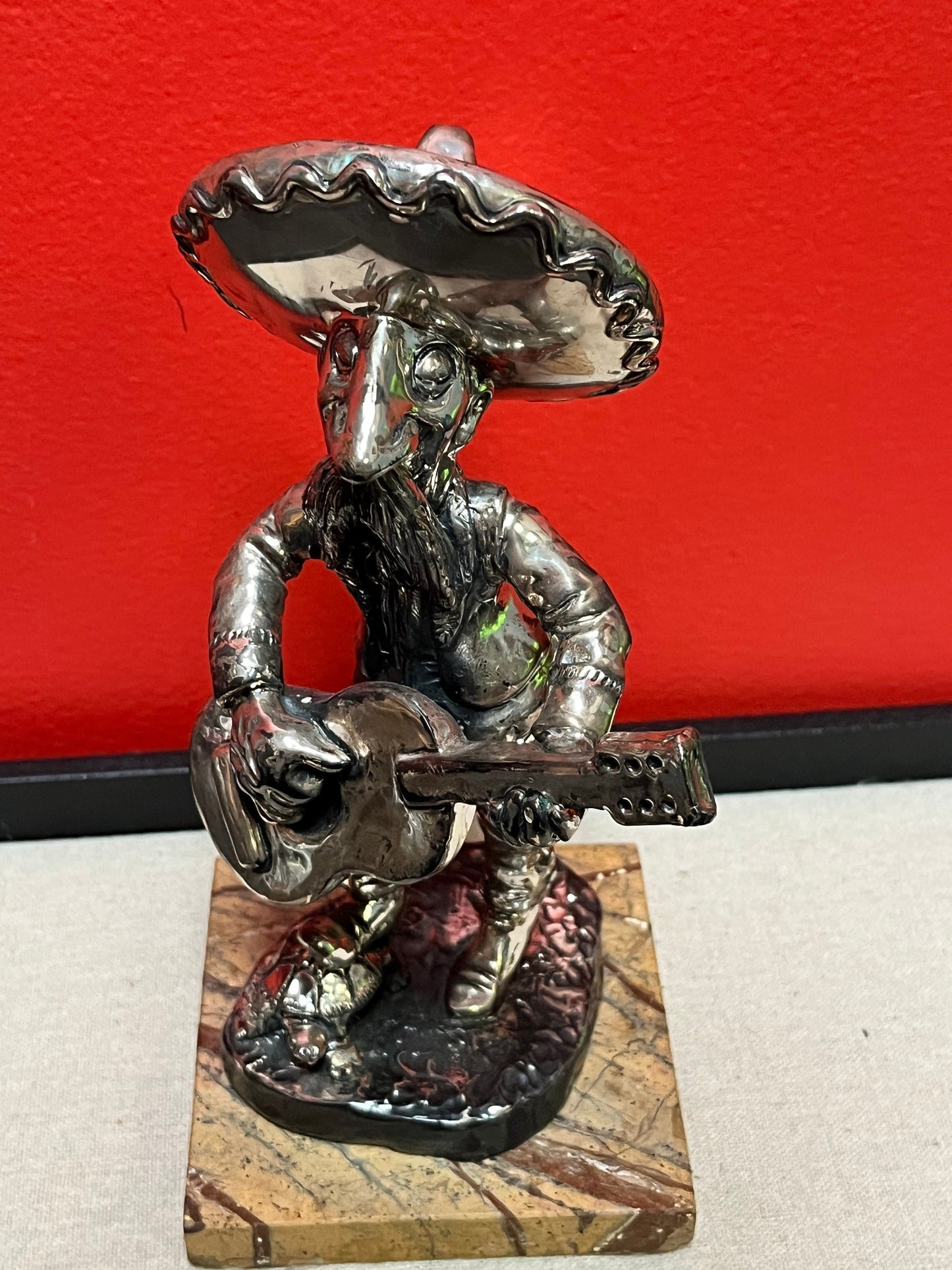 Lovely 9 inch Mexican silver banjo player signed on marble stand  not sterling   cool imagery