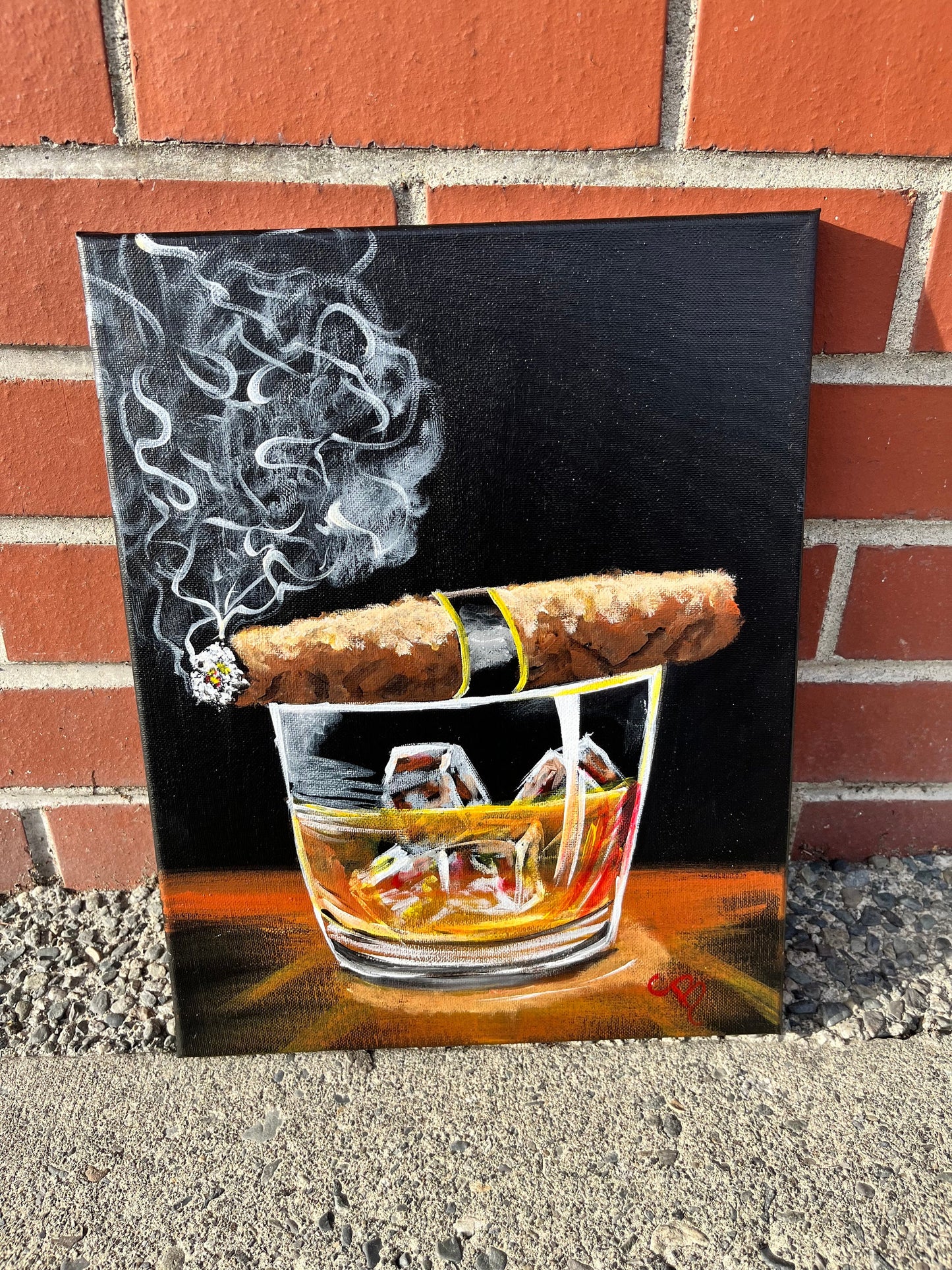 Stunning 14 x 11 Nanaimo artist Cathy Brockman   cigar and scotch glass - acrylic on canvas original  great gift