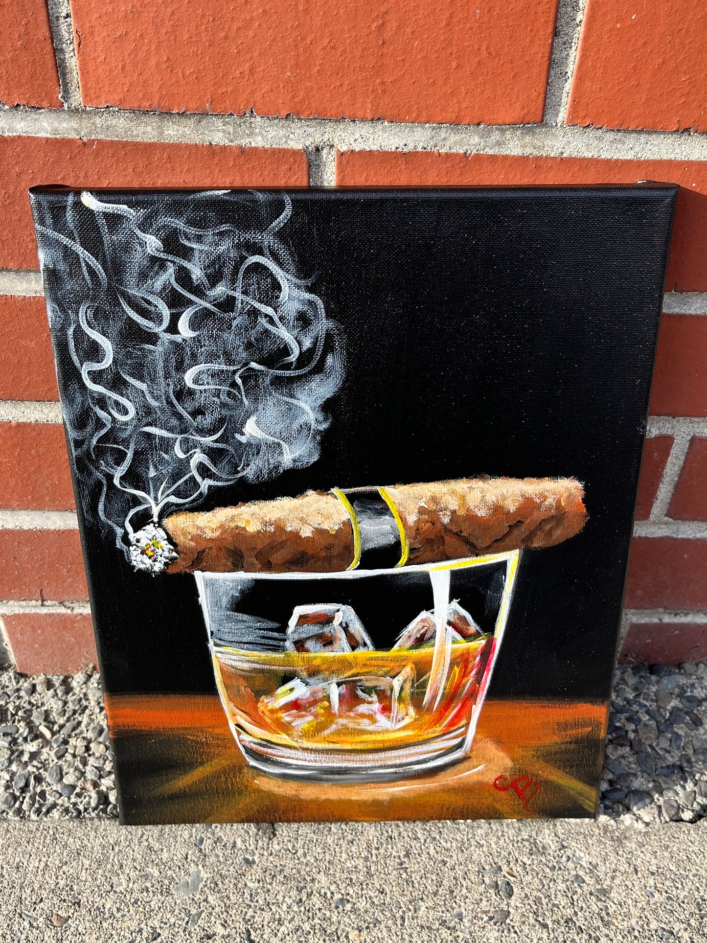 Stunning 14 x 11 Nanaimo artist Cathy Brockman   cigar and scotch glass - acrylic on canvas original  great gift