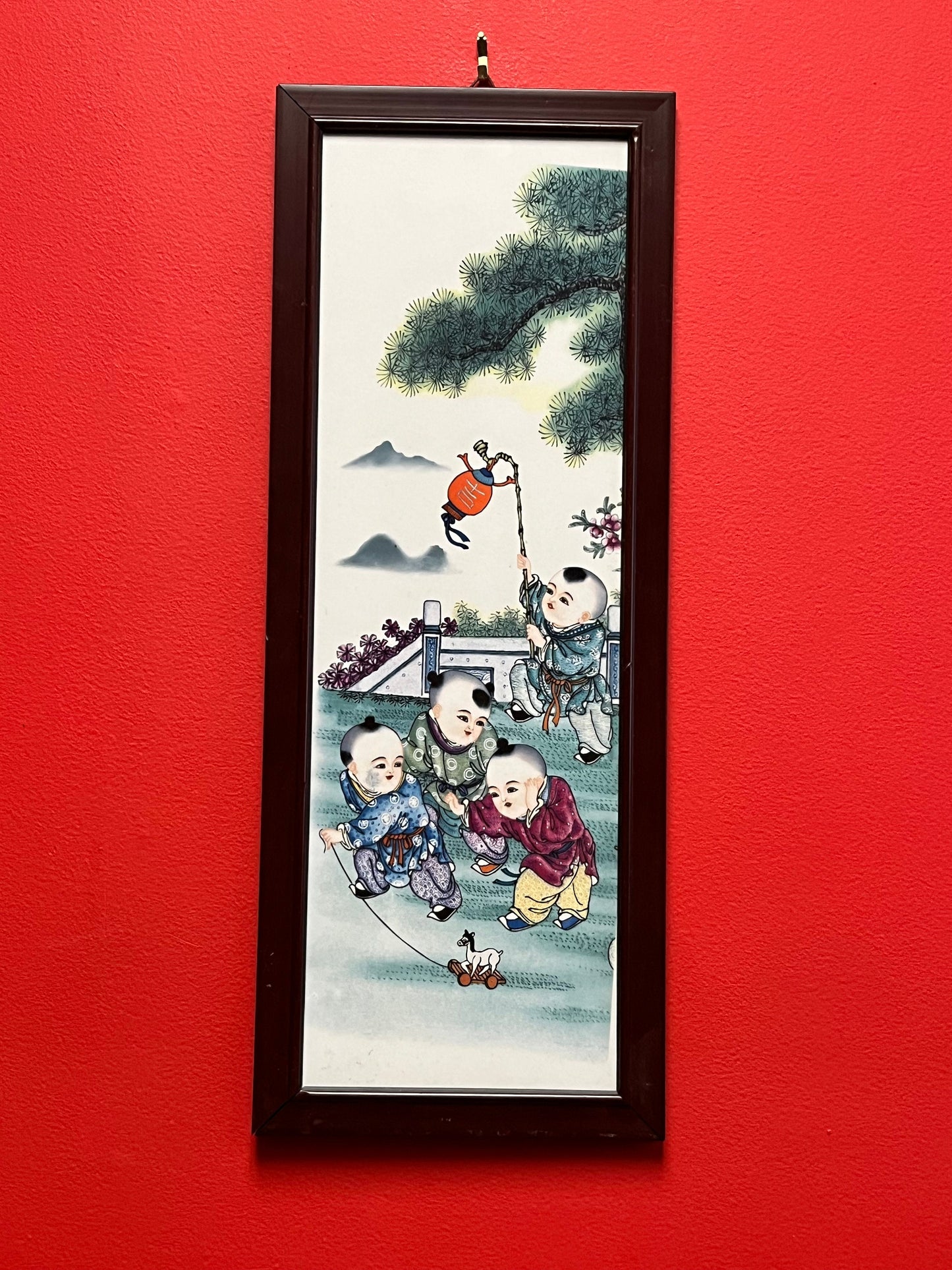 Lovely Rosewood framed 21 x 8 Chinese painting on porcelain