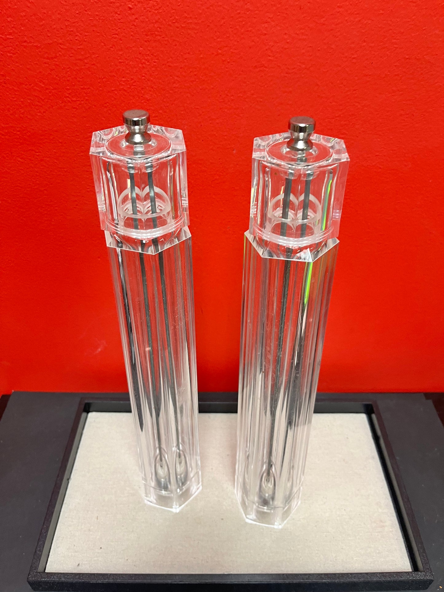 Crazy cool vintage chic iconic  plexiglass salt and pepper!! these belong on a movie set both 16 inches tall