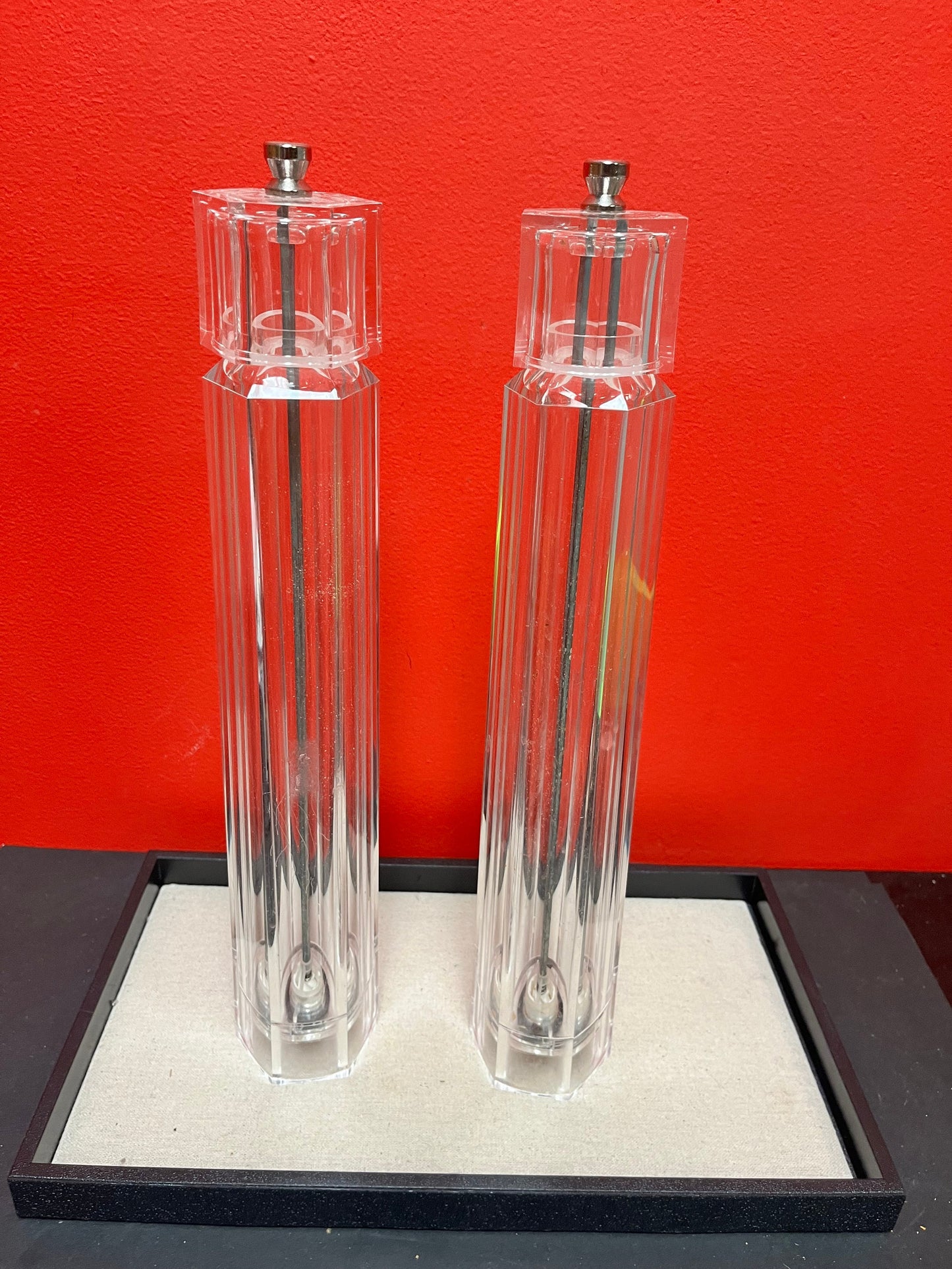 Crazy cool vintage chic iconic  plexiglass salt and pepper!! these belong on a movie set both 16 inches tall