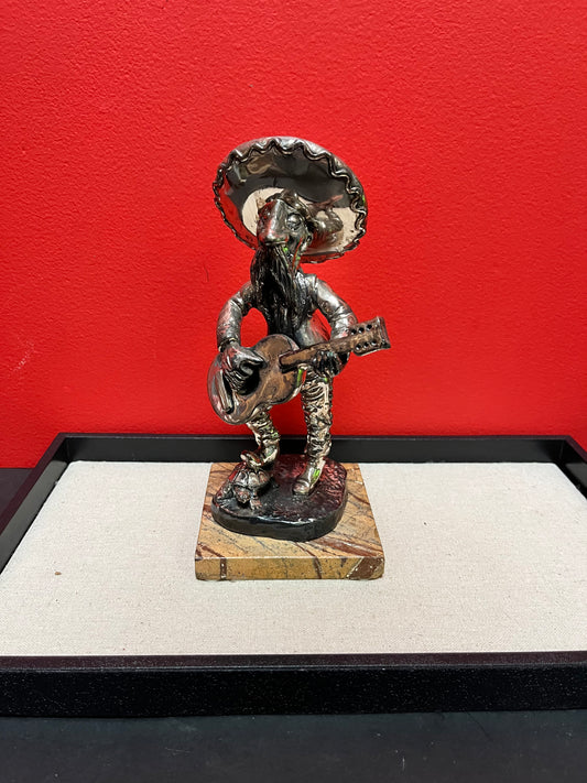 Lovely 9 inch Mexican silver banjo player signed on marble stand  not sterling   cool imagery