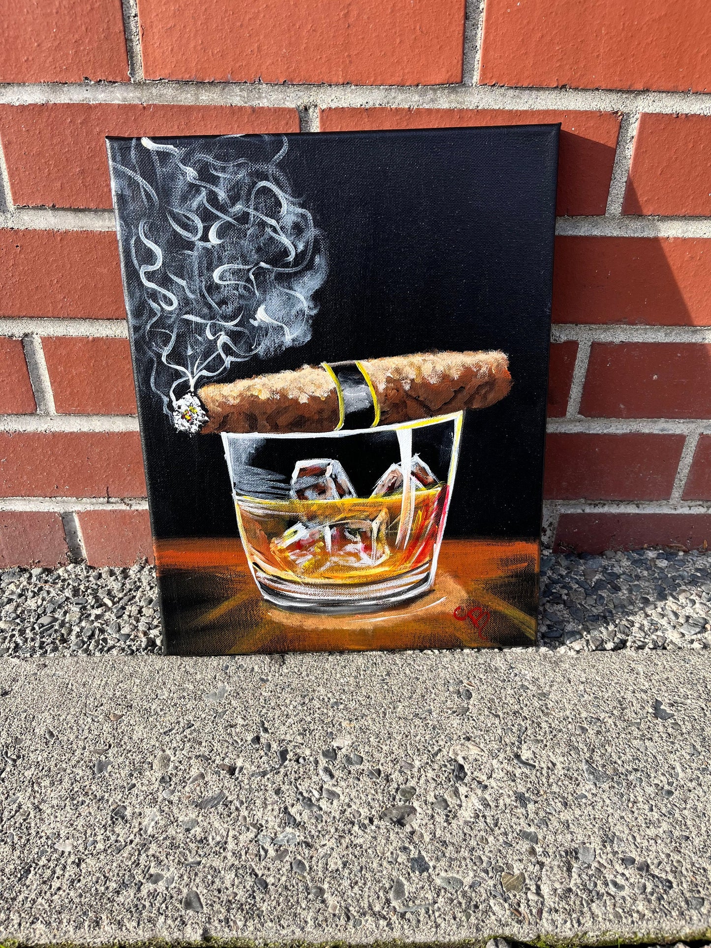 Stunning 14 x 11 Nanaimo artist Cathy Brockman   cigar and scotch glass - acrylic on canvas original  great gift