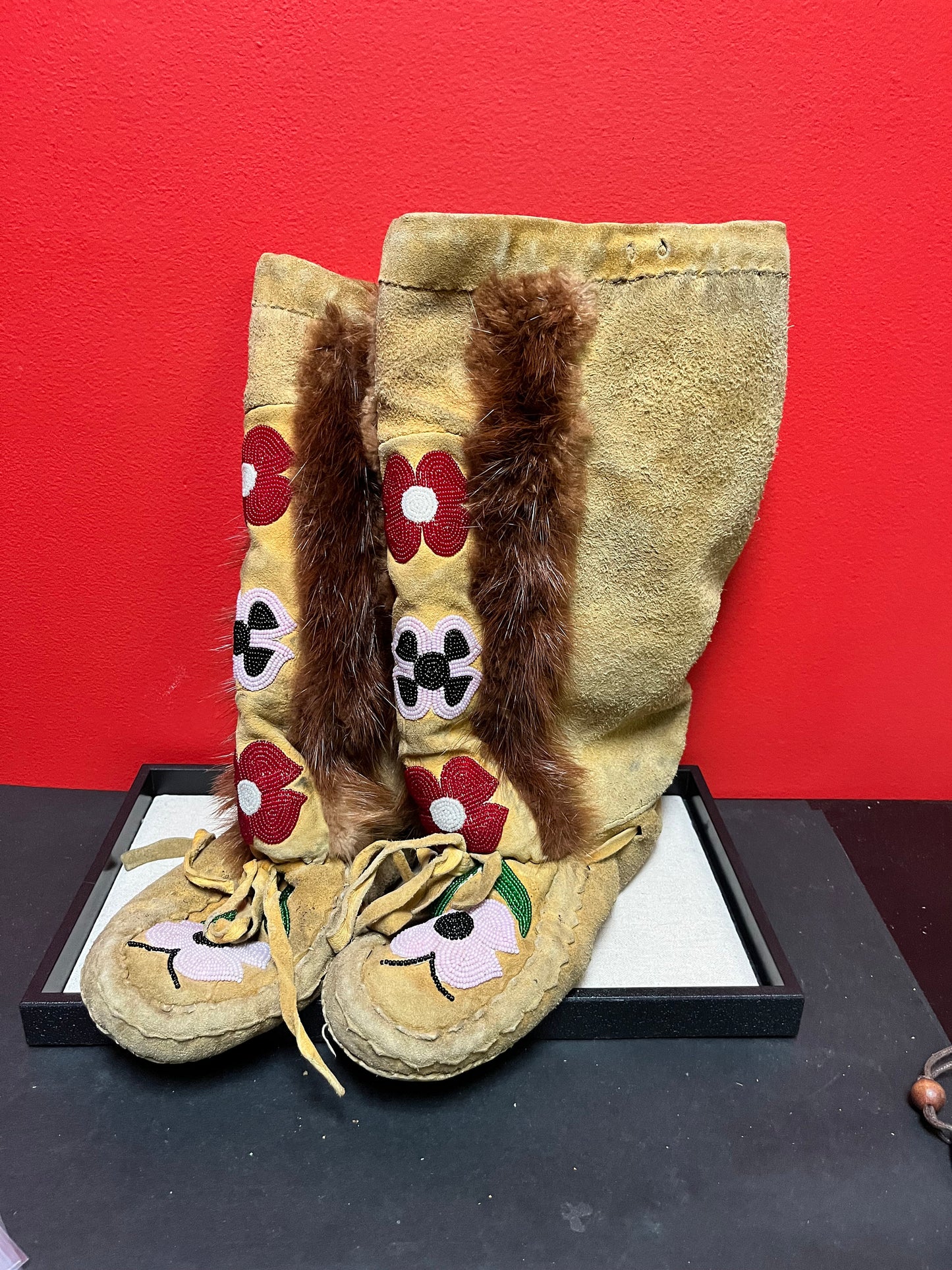 10 x 14 inches high indigenous First Nations leather and beaded moccasin boots   fabulous quality and condition  wow