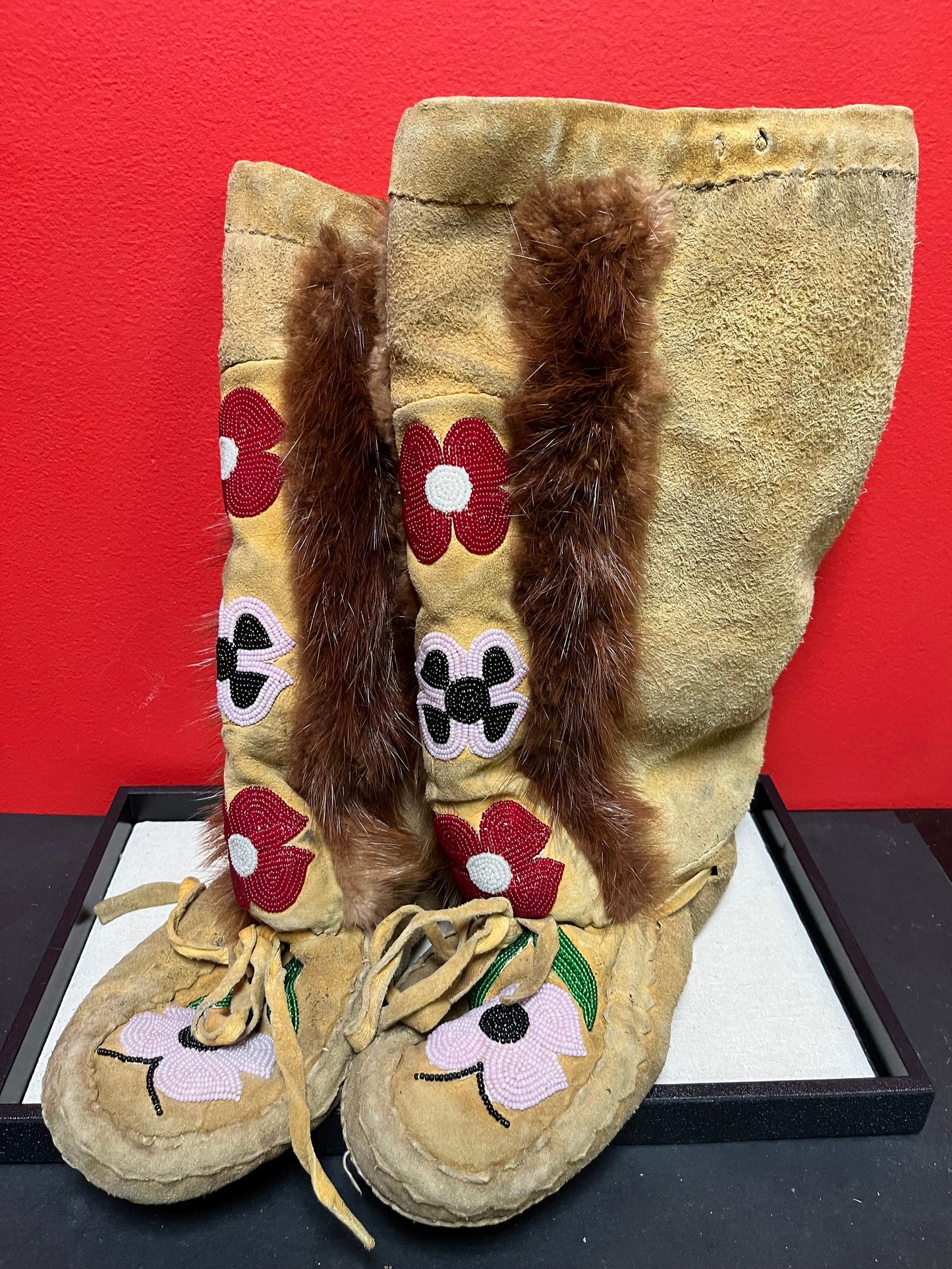 10 x 14 inches high indigenous First Nations leather and beaded moccasin boots   fabulous quality and condition  wow