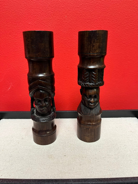 Beautiful 8 inch tall extremely well carved African Ebony wood salt and pepper  beautiful design