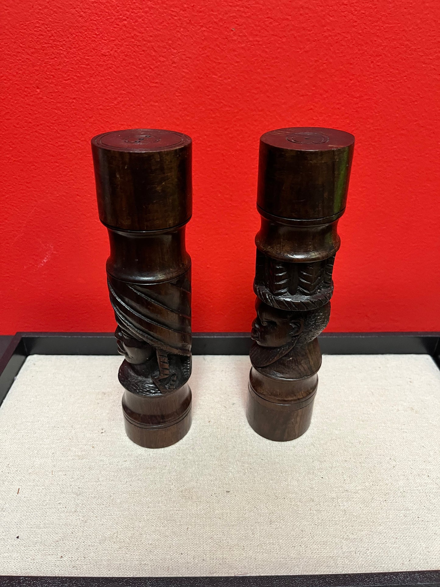 Beautiful 8 inch tall extremely well carved African Ebony wood salt and pepper  beautiful design