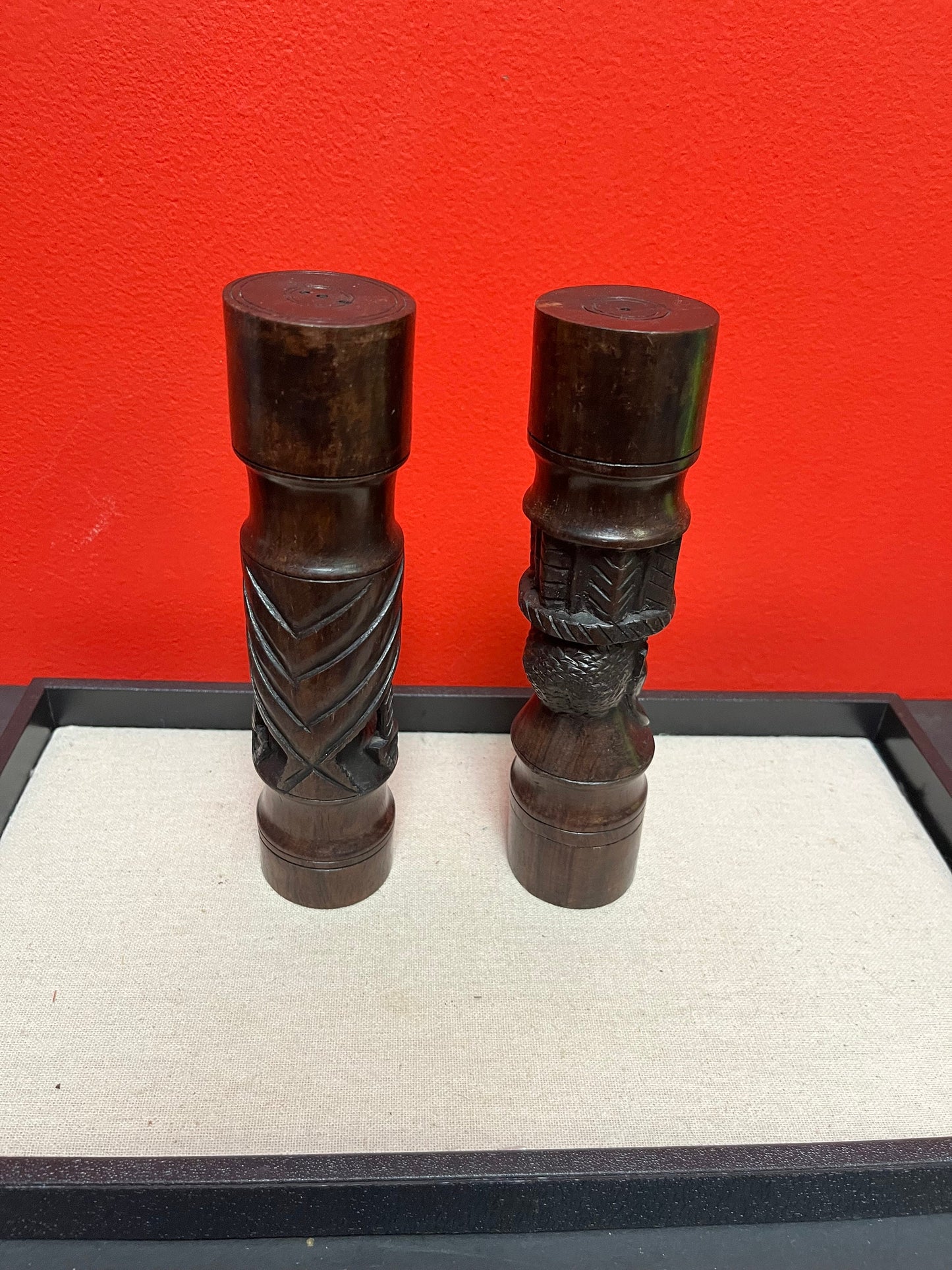 Beautiful 8 inch tall extremely well carved African Ebony wood salt and pepper  beautiful design