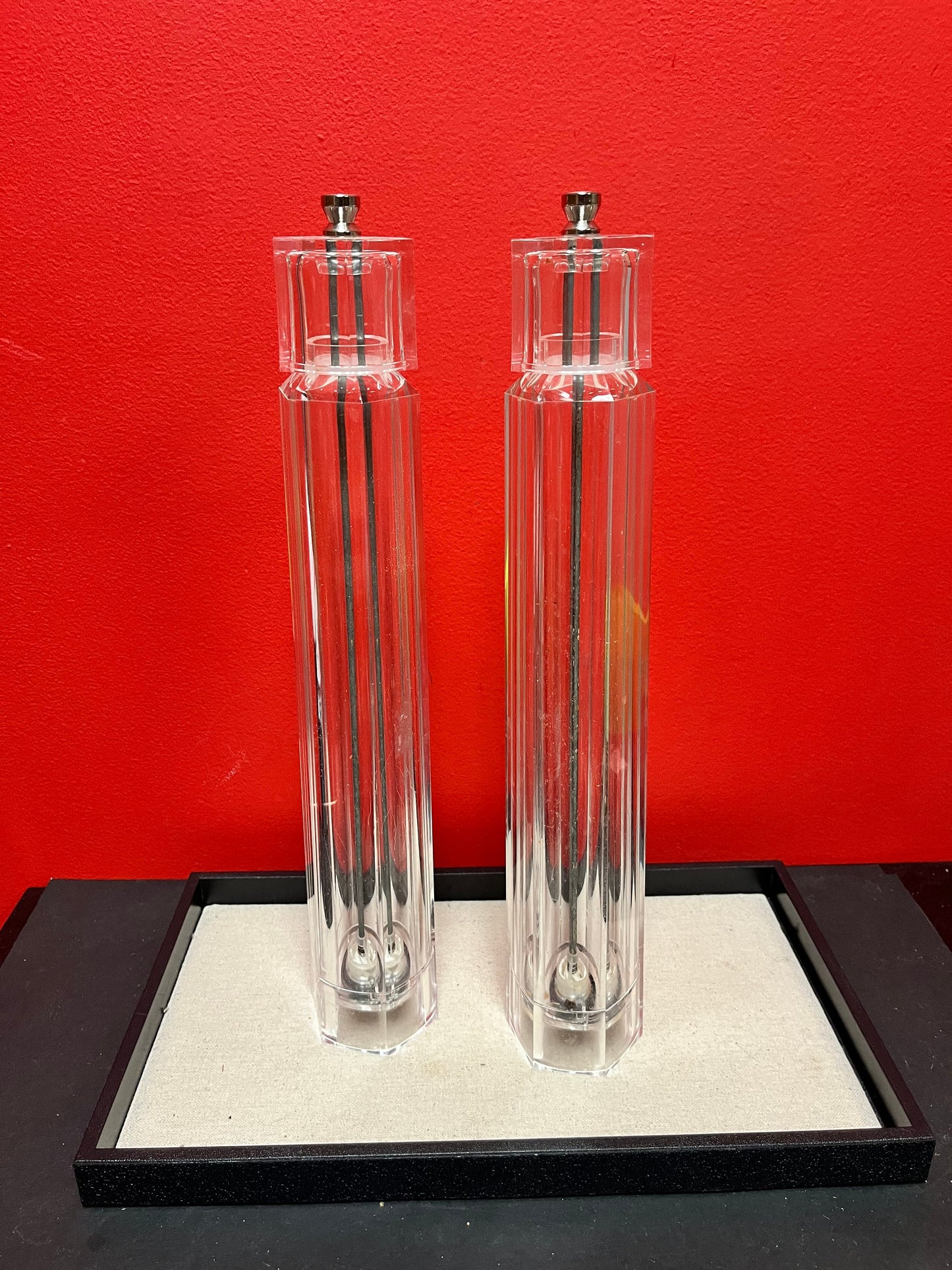 Crazy cool vintage chic iconic  plexiglass salt and pepper!! these belong on a movie set both 16 inches tall