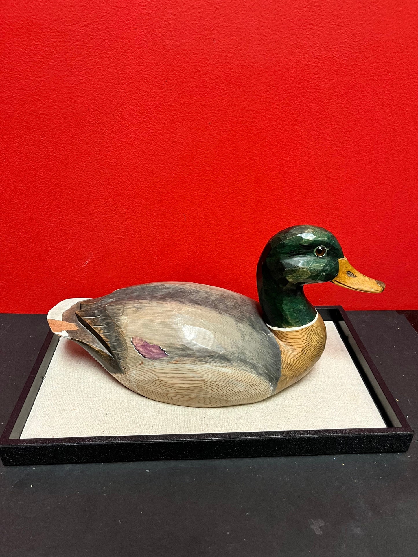 A  Lovely 14 x 7 long signed mallard Drake duck statue  chip on tail  value priced