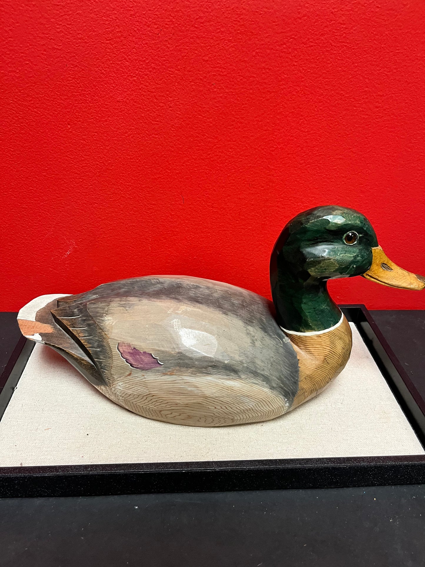 A  Lovely 14 x 7 long signed mallard Drake duck statue  chip on tail  value priced