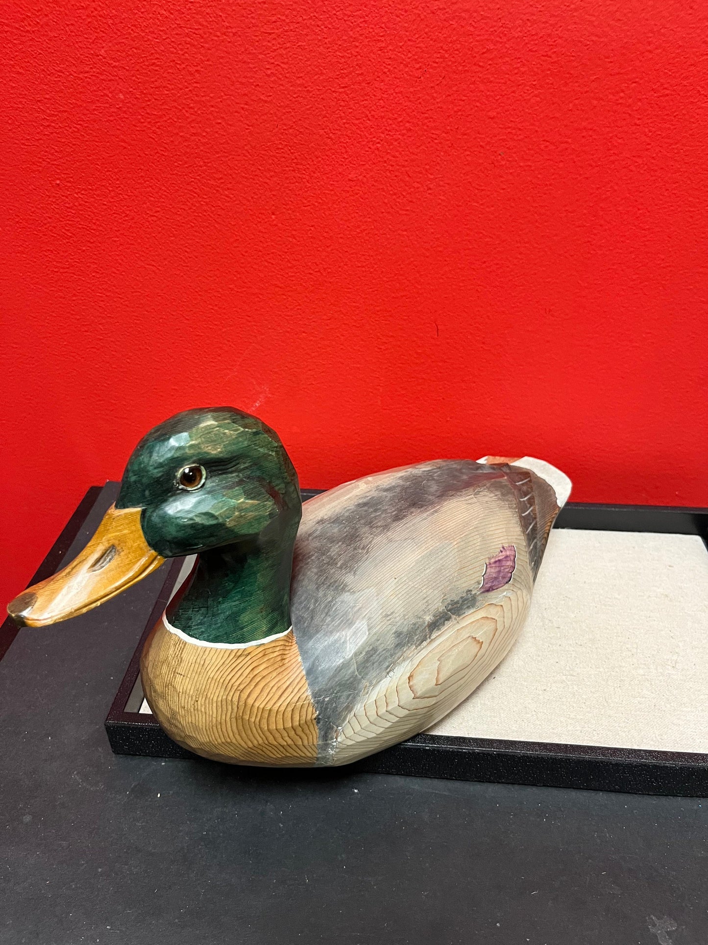 A  Lovely 14 x 7 long signed mallard Drake duck statue  chip on tail  value priced