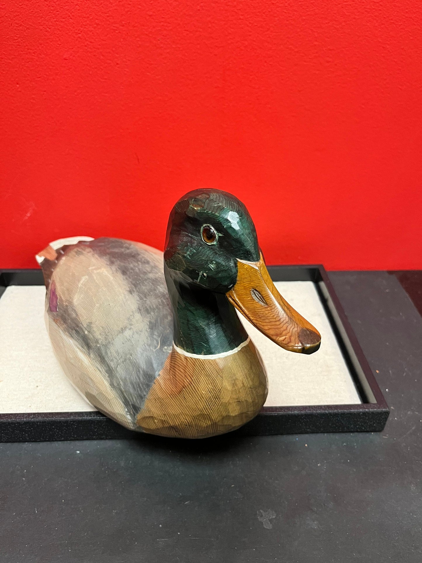 A  Lovely 14 x 7 long signed mallard Drake duck statue  chip on tail  value priced