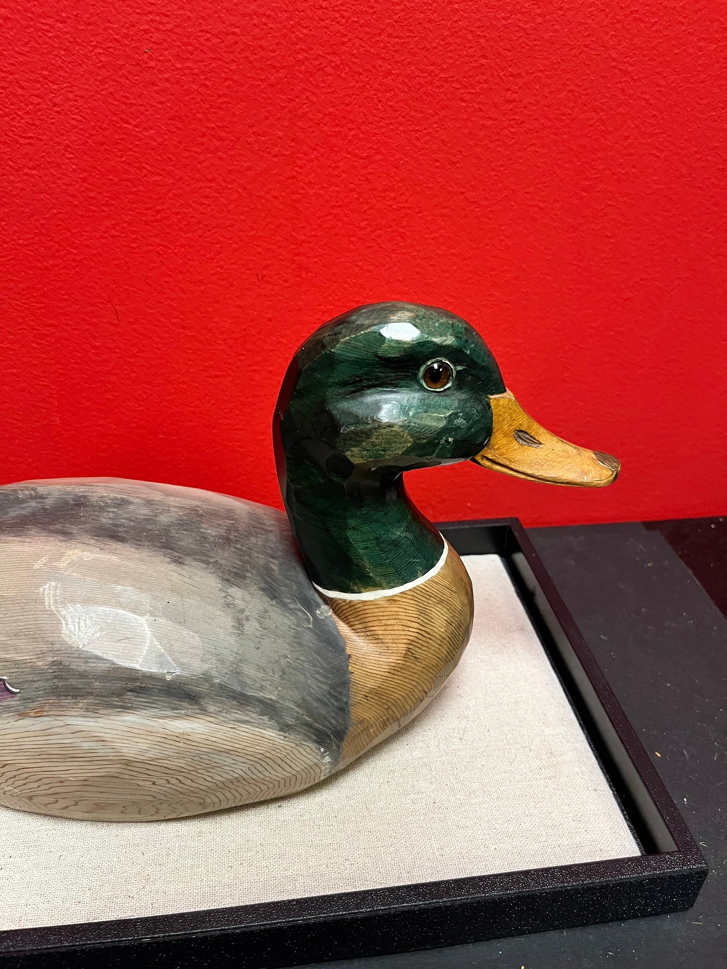 A  Lovely 14 x 7 long signed mallard Drake duck statue  chip on tail  value priced