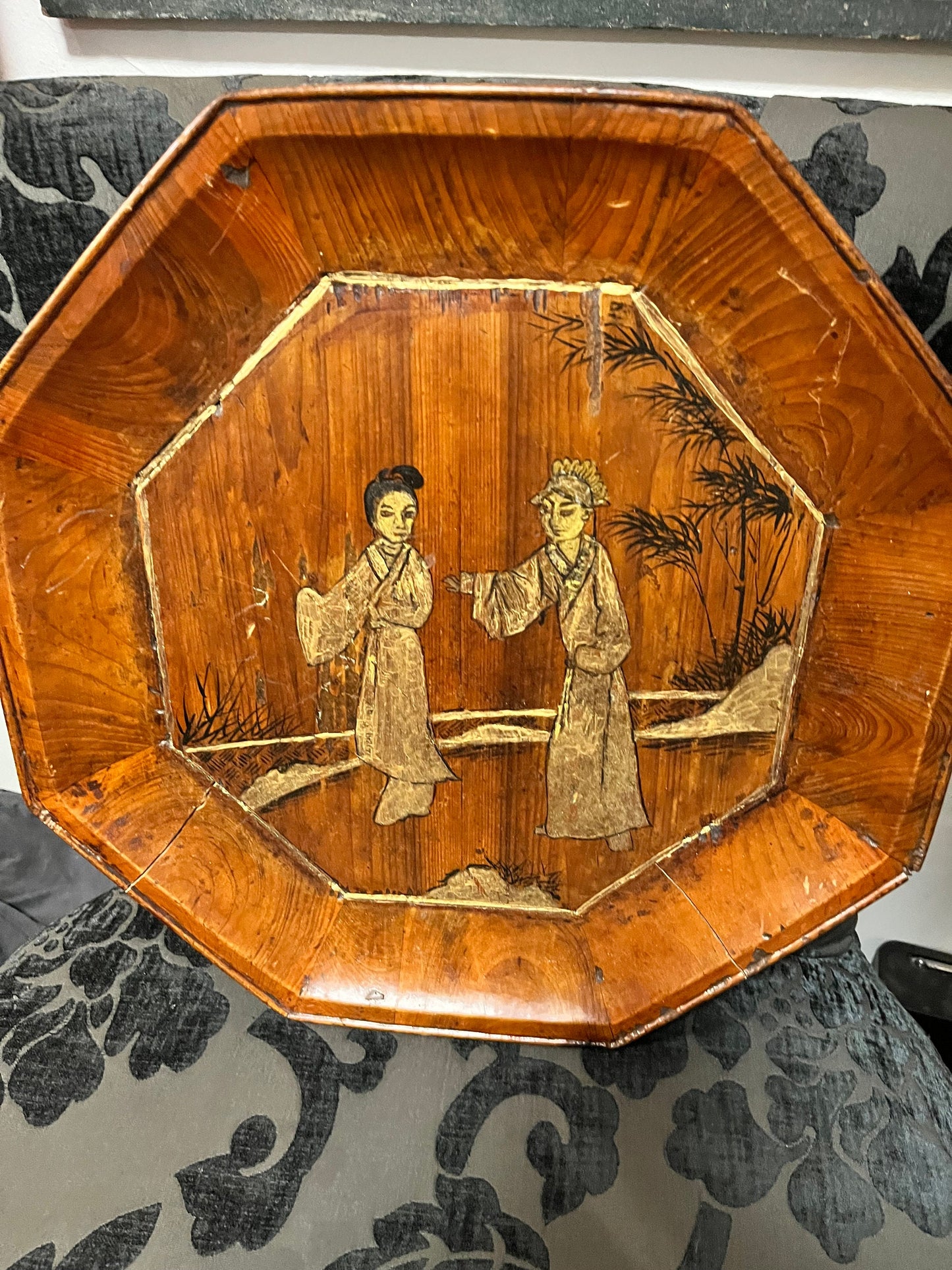 15 inch long, early 19 century signed Chinese wooden and gilded plate   wow