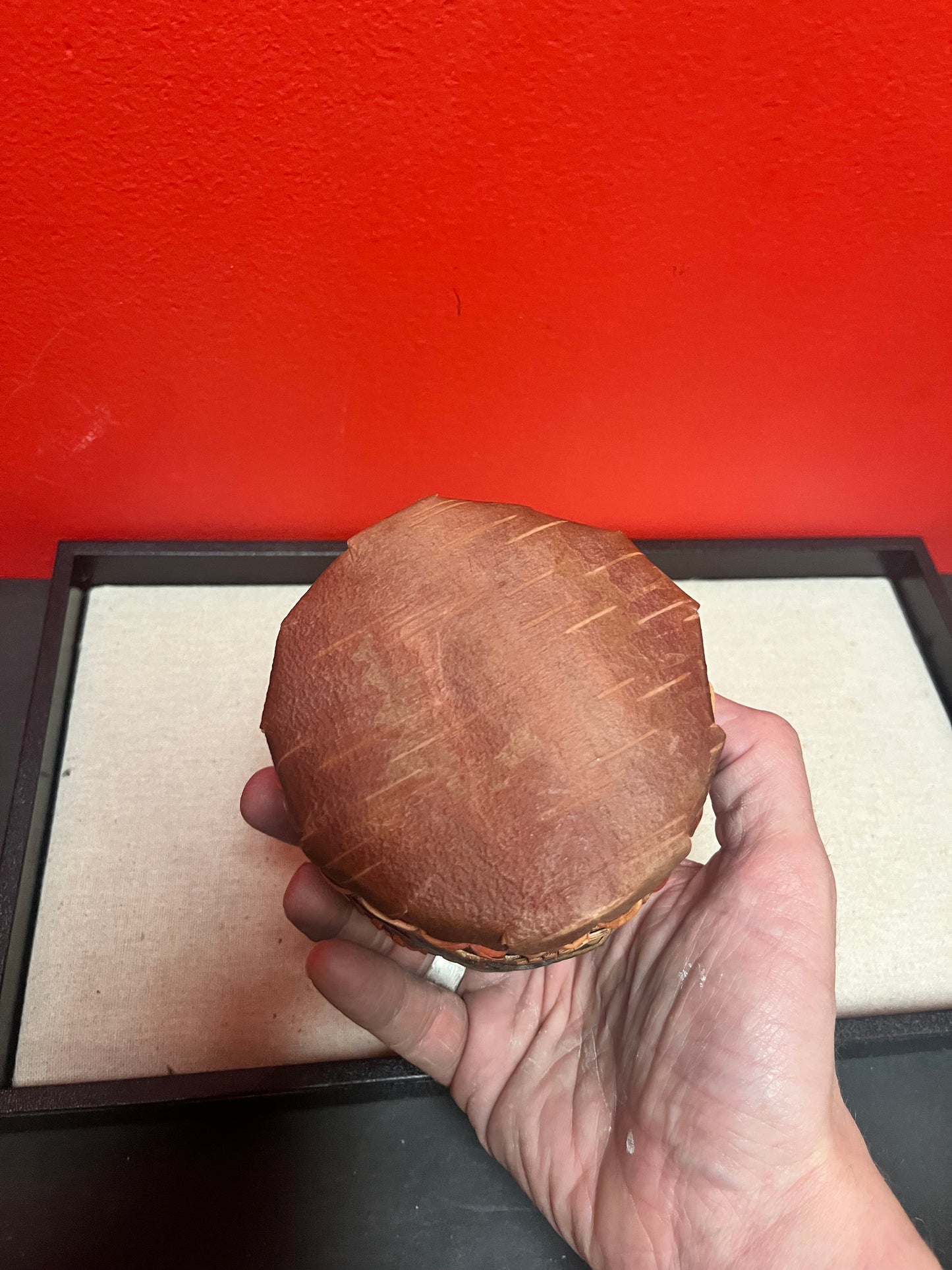 Lovely 5 inch eastern Canadian Cedar bark  basket with lid in wonderful condition