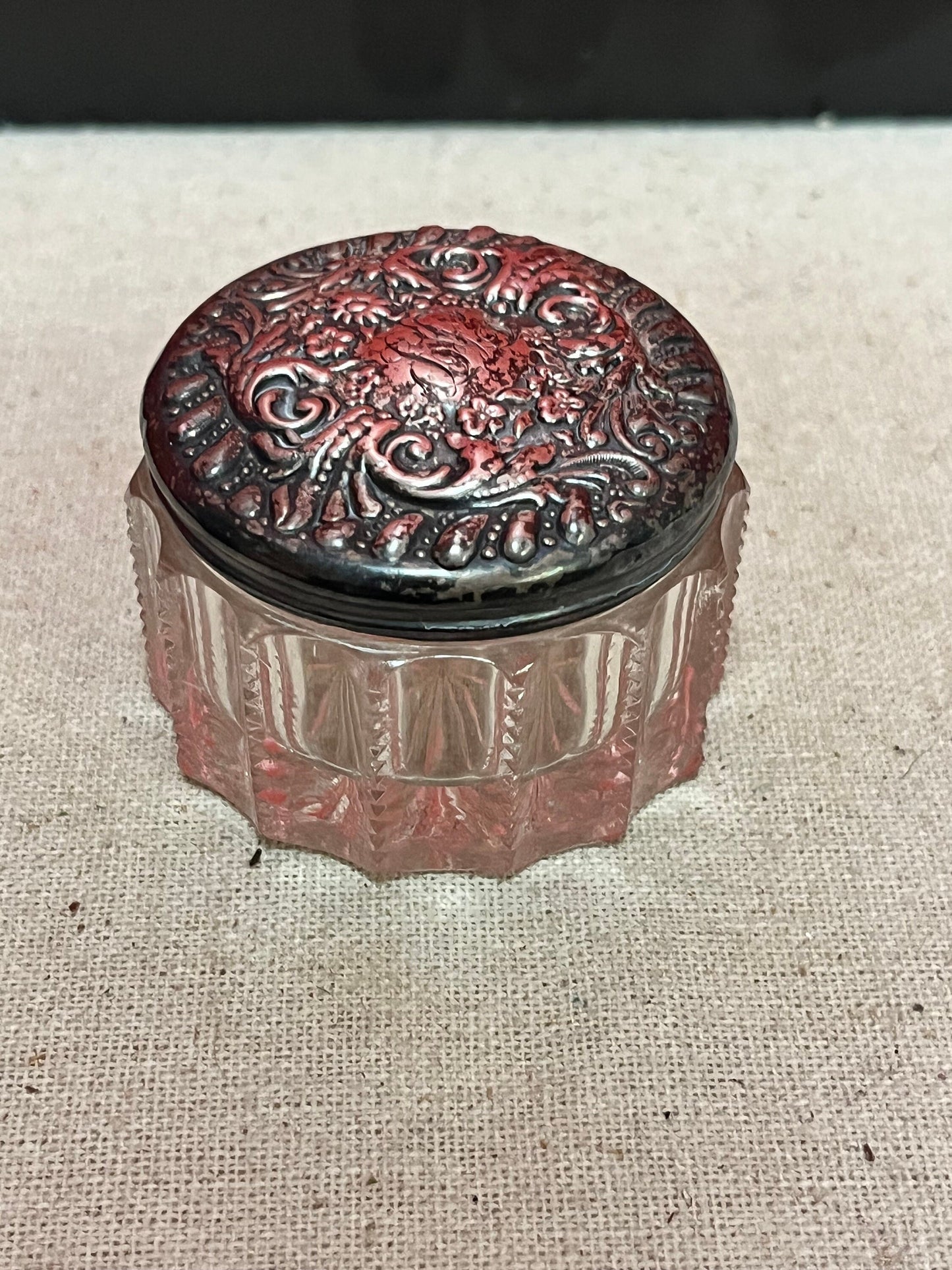 Lovely 2 inch English sterling, silver and crystal powder jar in good condition