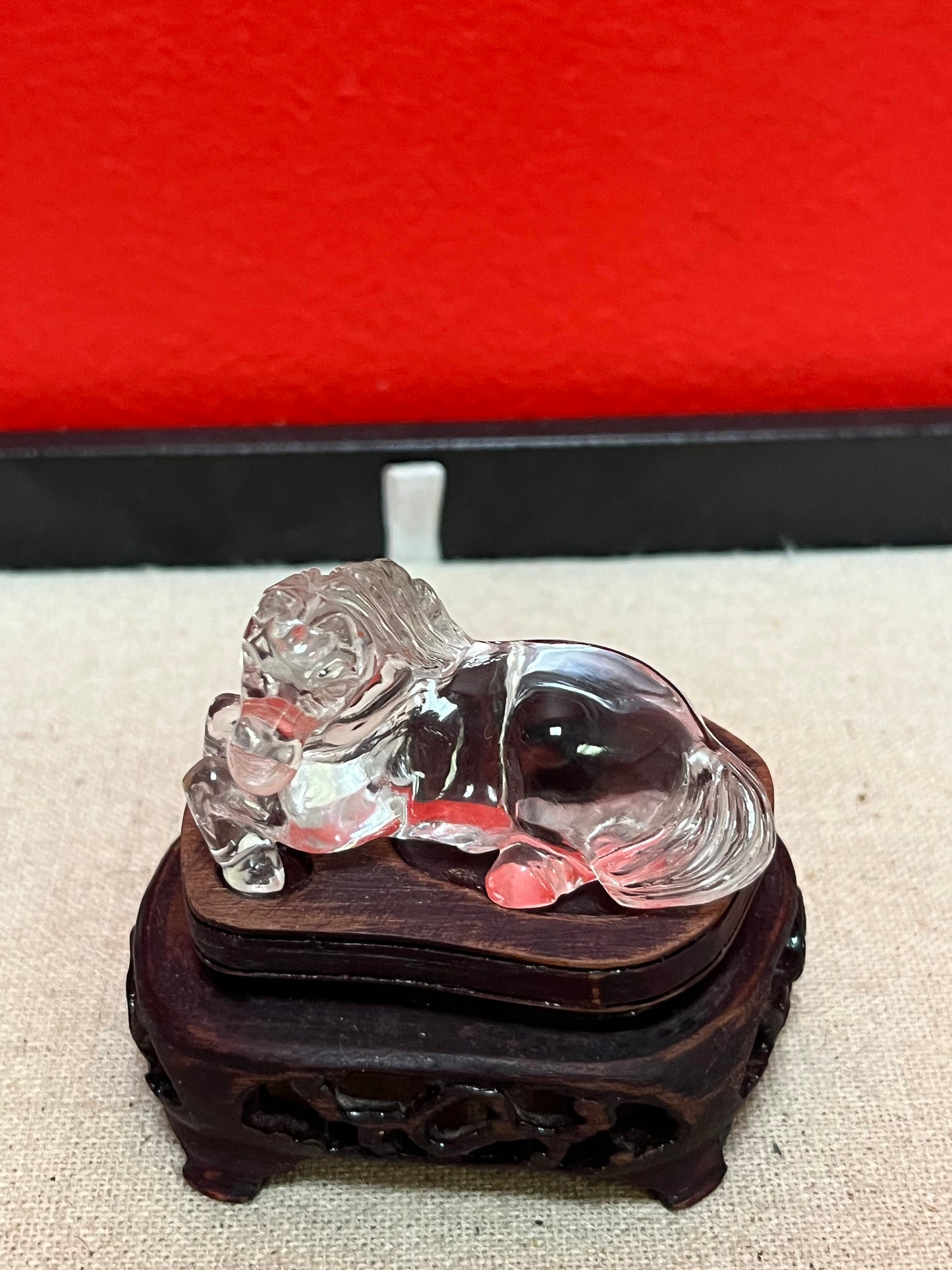 2 inch Chinese rock crystal horse on rosewood stand