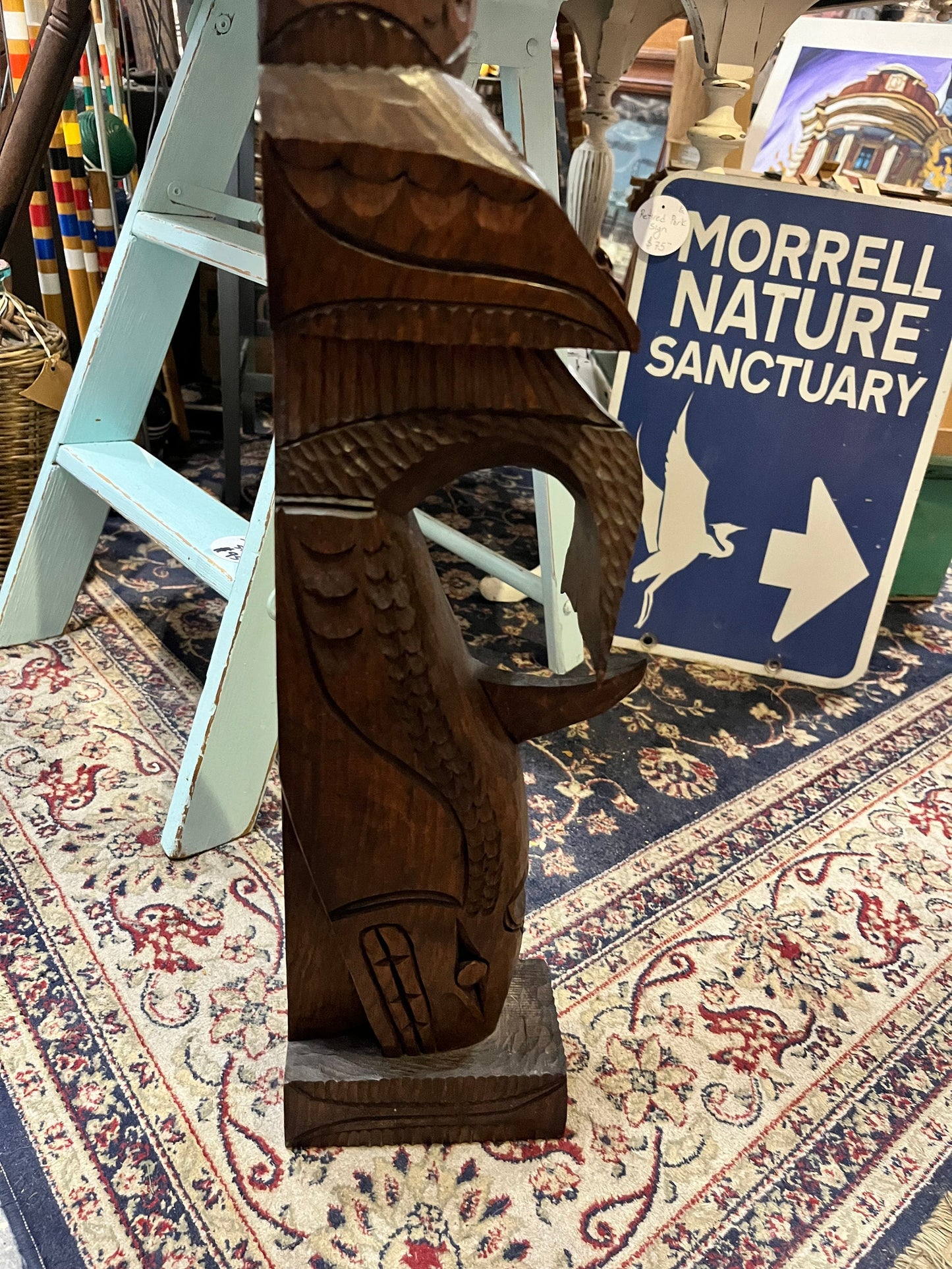 Magnificent 36 inch tall Chris John indigenous first nations, Pacific Northwest winged totem pole  great detail and fabulous look