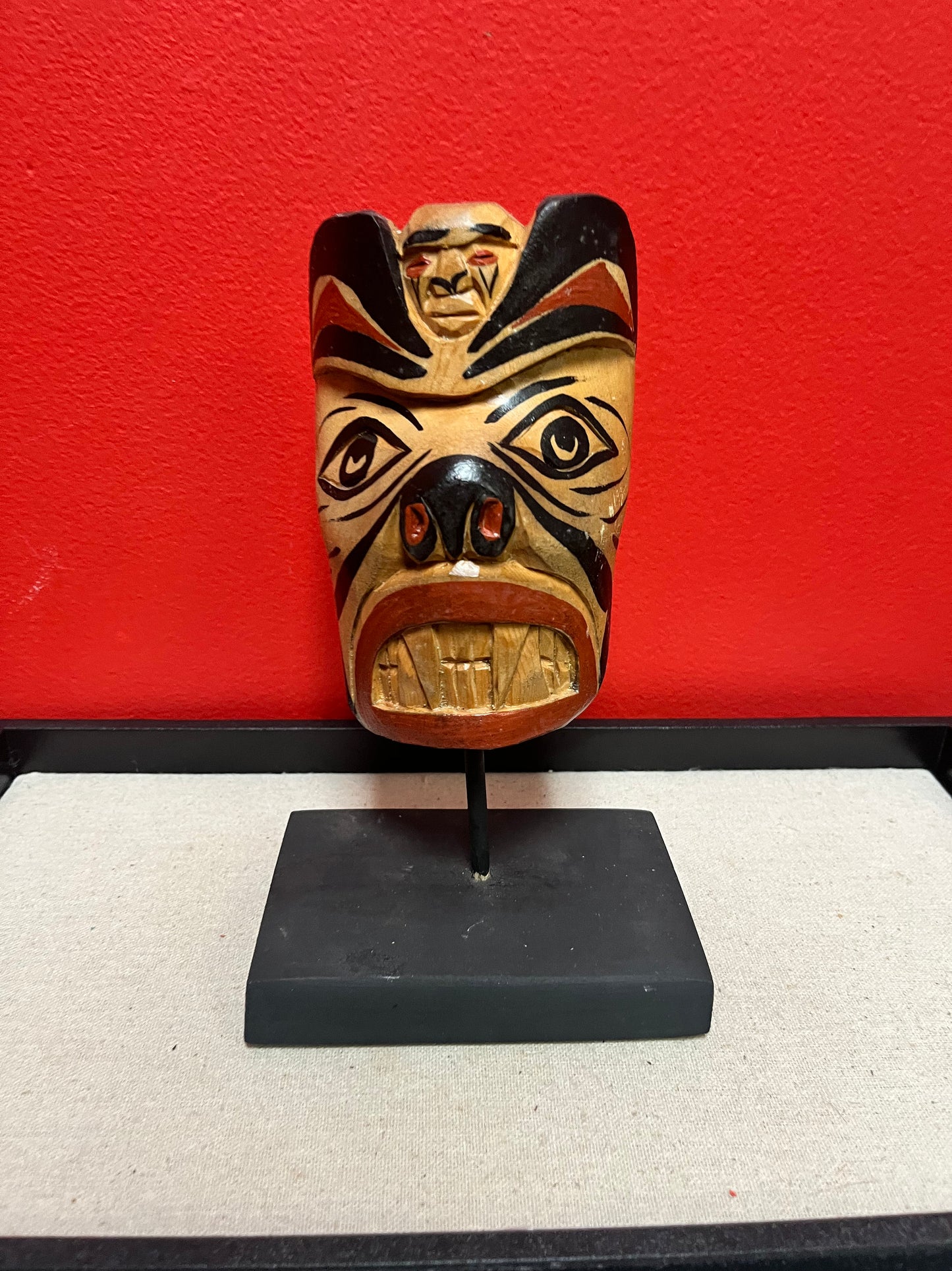 Lovely 9 inch tall signed indigenous first nations Pacific Northwest coast mask on stand  Stan Joseph