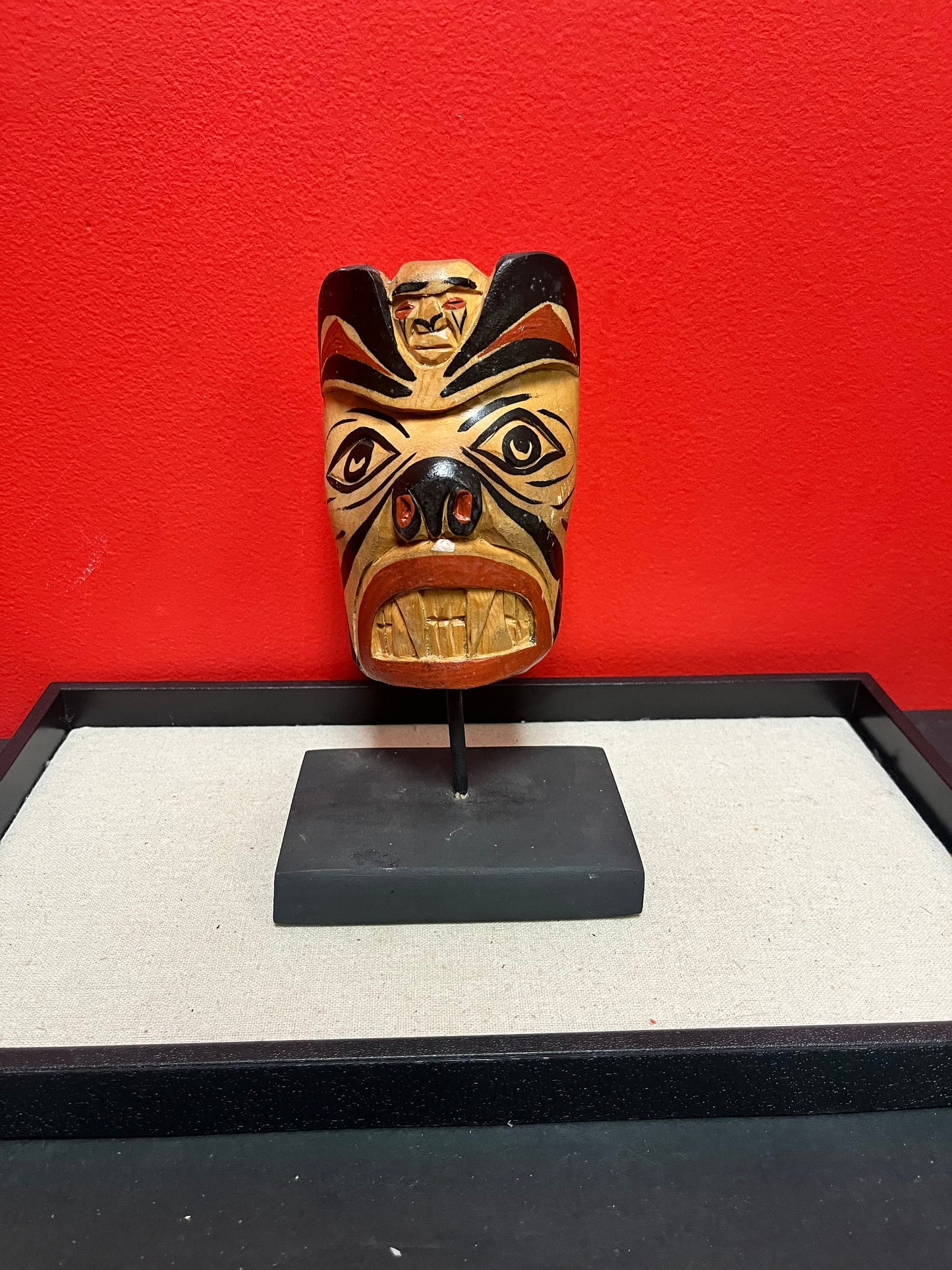 Lovely 9 inch tall signed indigenous first nations Pacific Northwest coast mask on stand  Stan Joseph