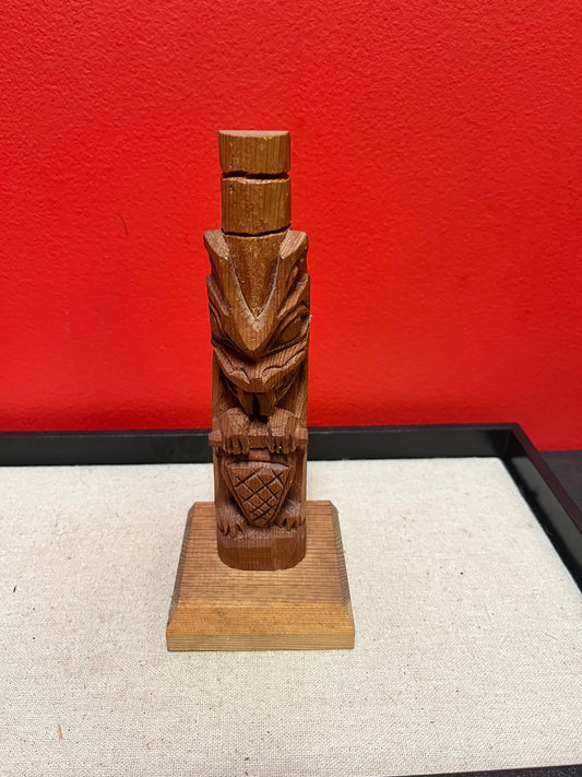 Lovely signed 8 inch tall indigenous first nations, Pacific Northwest coast totem pole  nice detail and imagery