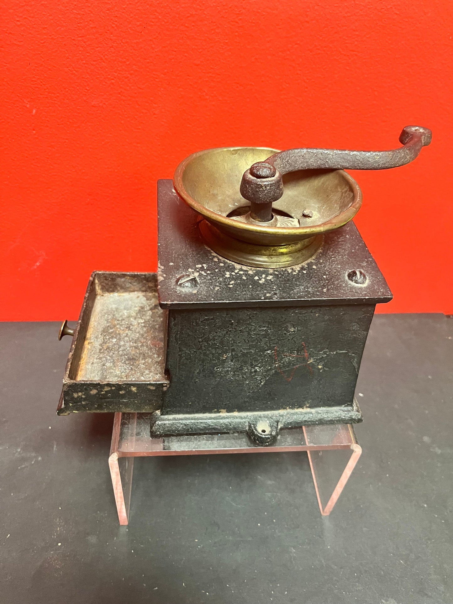 6 x 5 inches wide cast iron late 18th century cast iron and brass Baldwin coffee grinder  as is in antique condition!! See photos