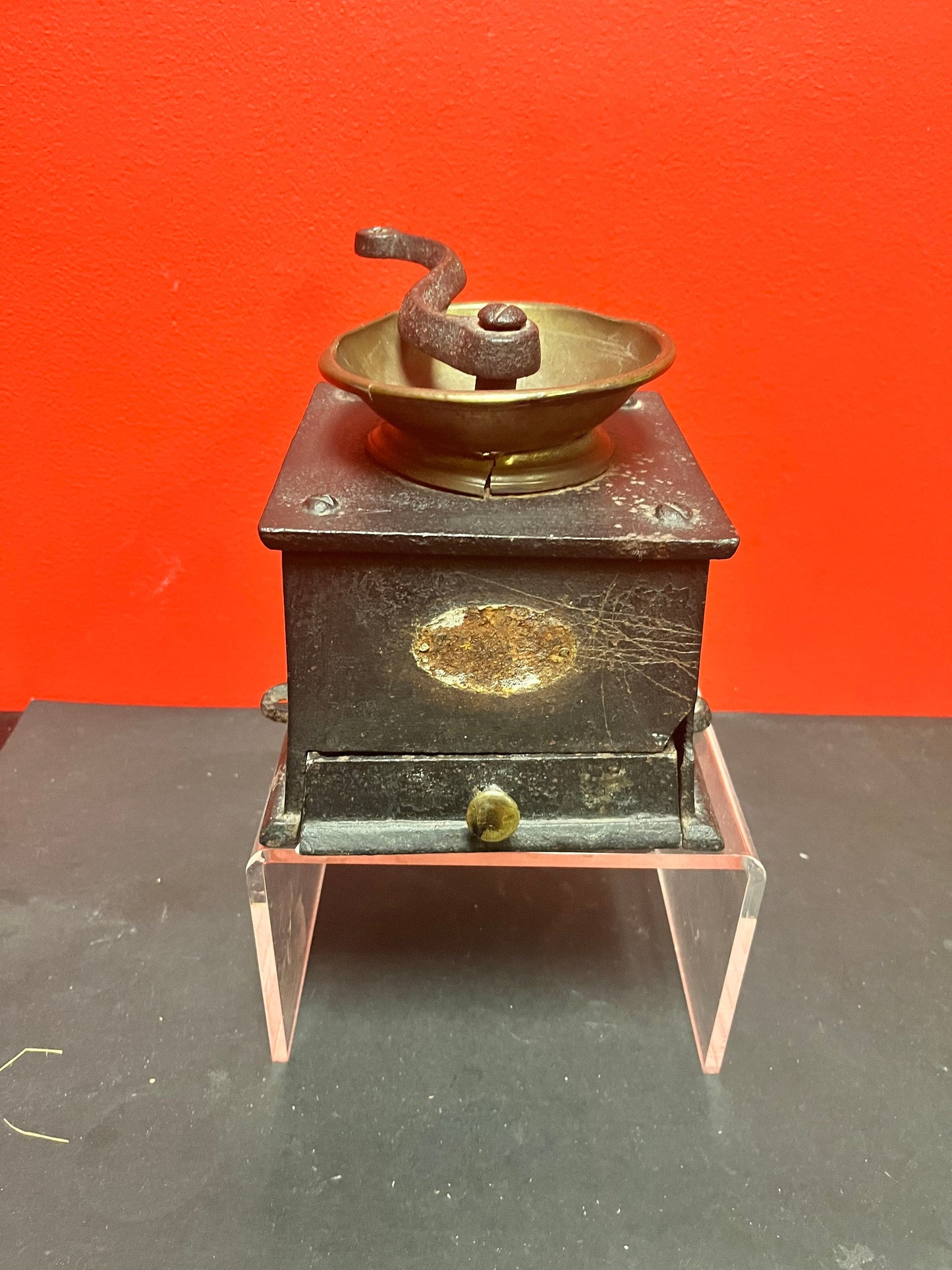 6 x 5 inches wide cast iron late 18th century cast iron and brass Baldwin coffee grinder  as is in antique condition!! See photos