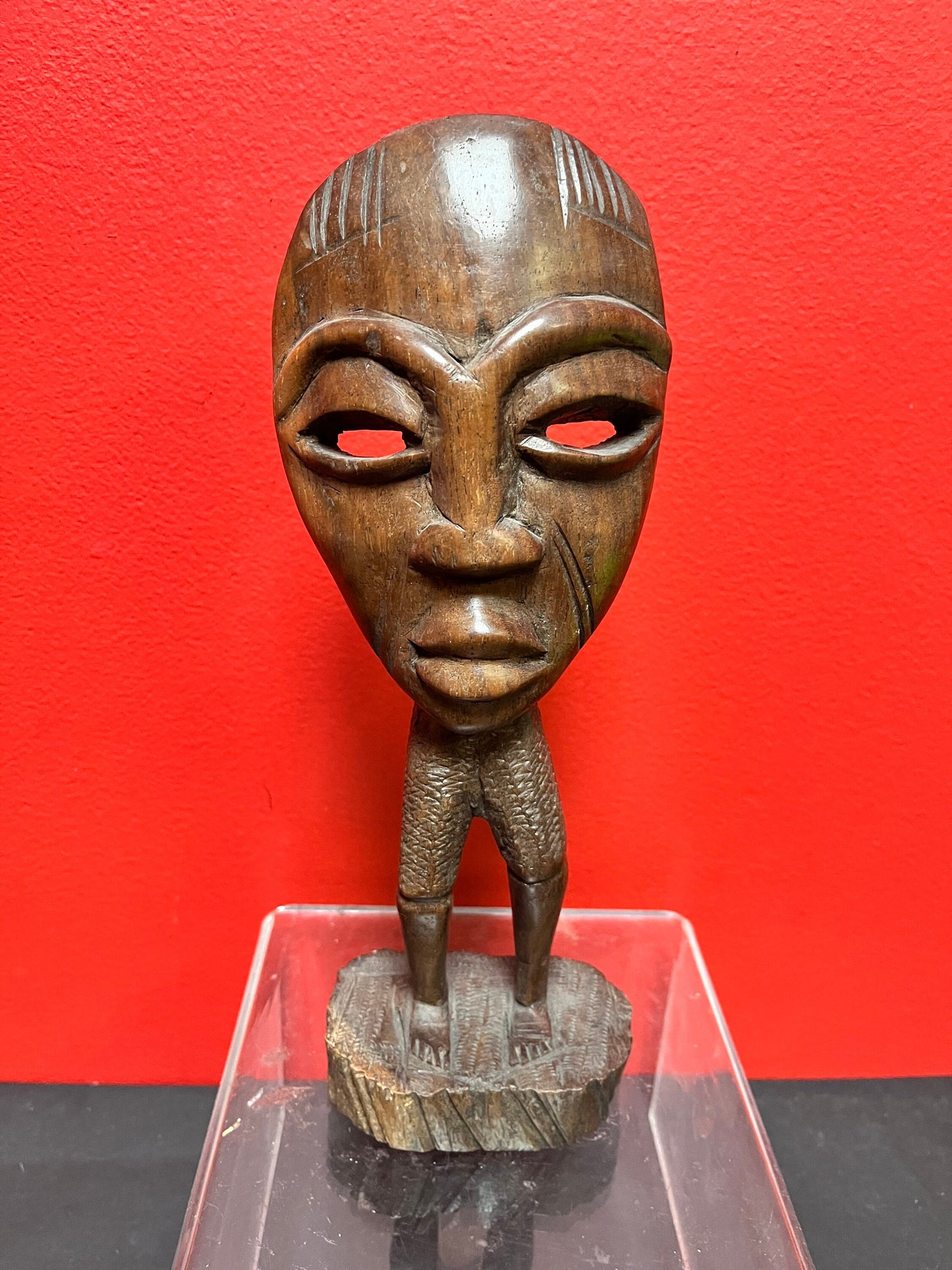 Beautiful 11 inch vintage African iron wood masked  man statue