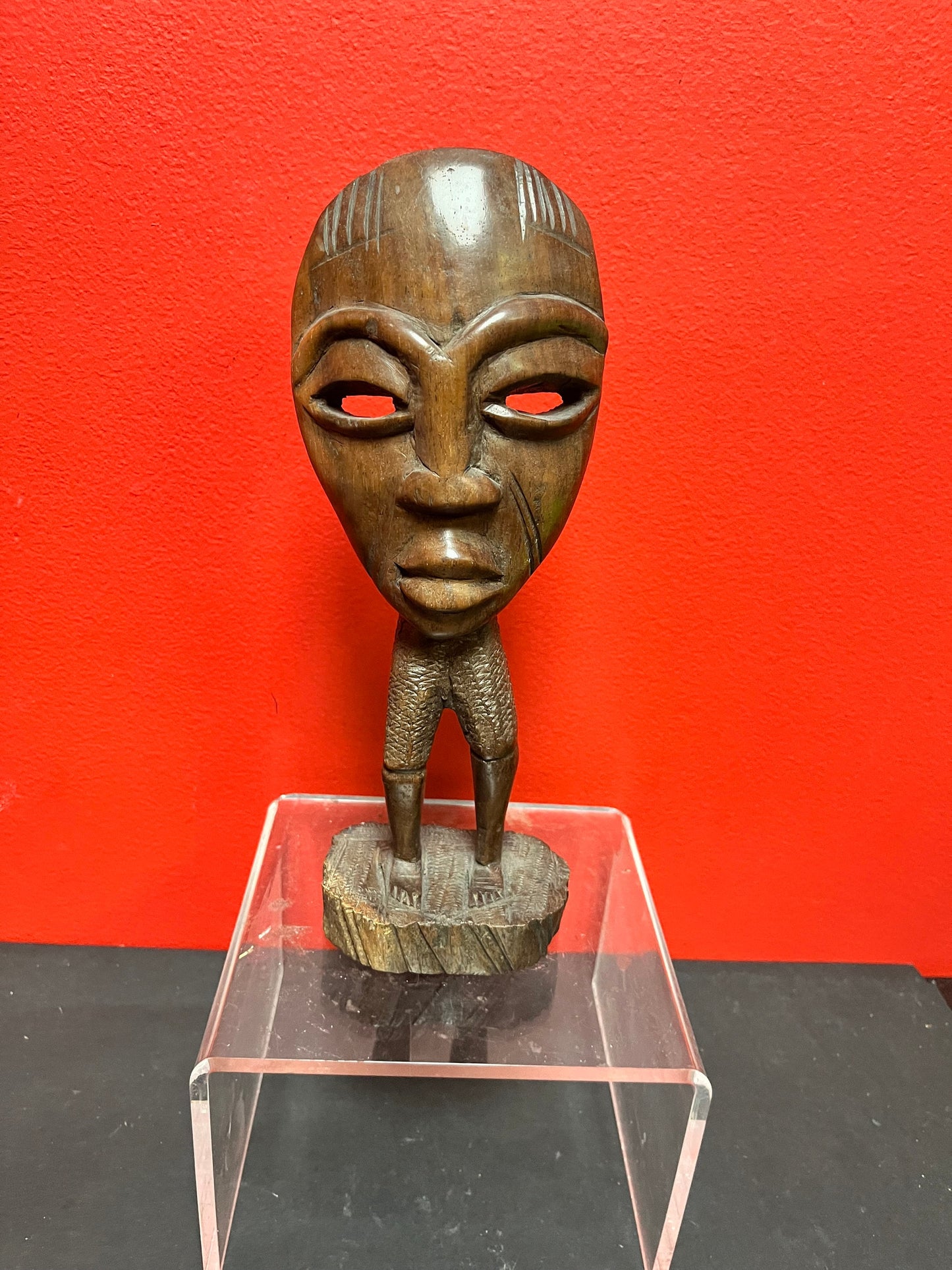 Beautiful 11 inch vintage African iron wood masked  man statue