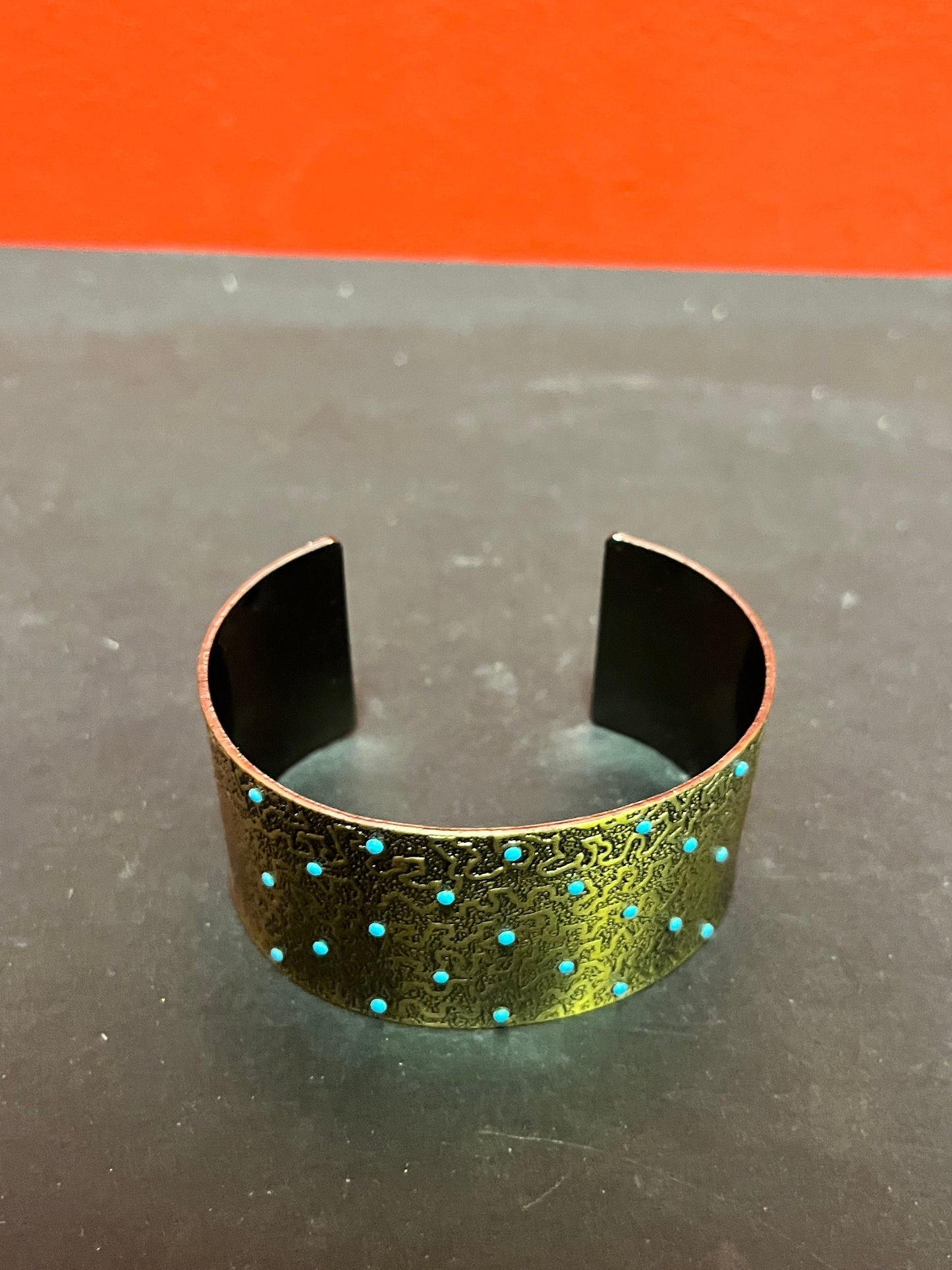 Lovely 2.5 inch wide metal and turquoise bracelet Cuff