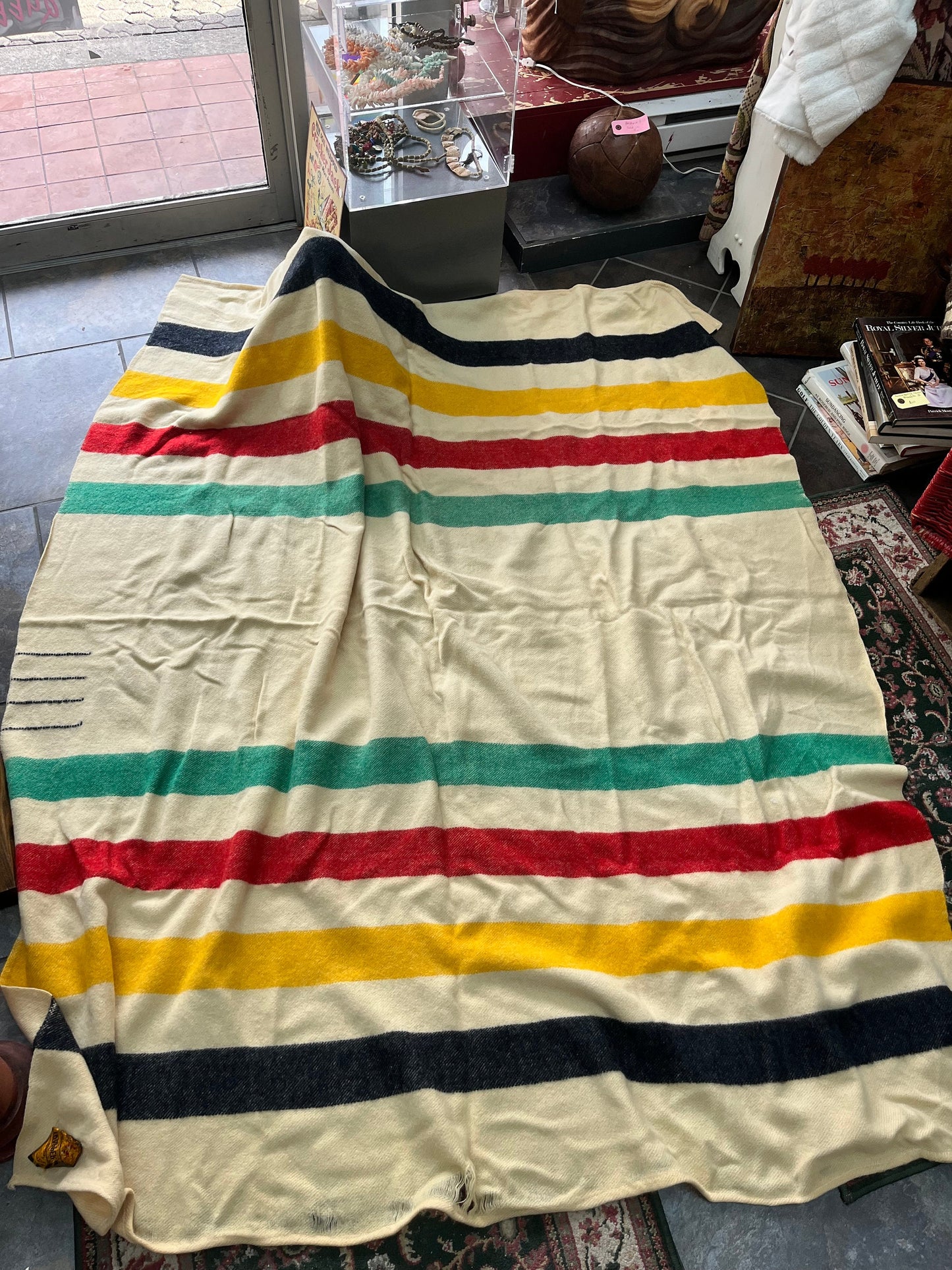 A Fabulous 80 x 63 approximately Eatons four point antique trapper blanket   as is  see photos and great if you want to fix