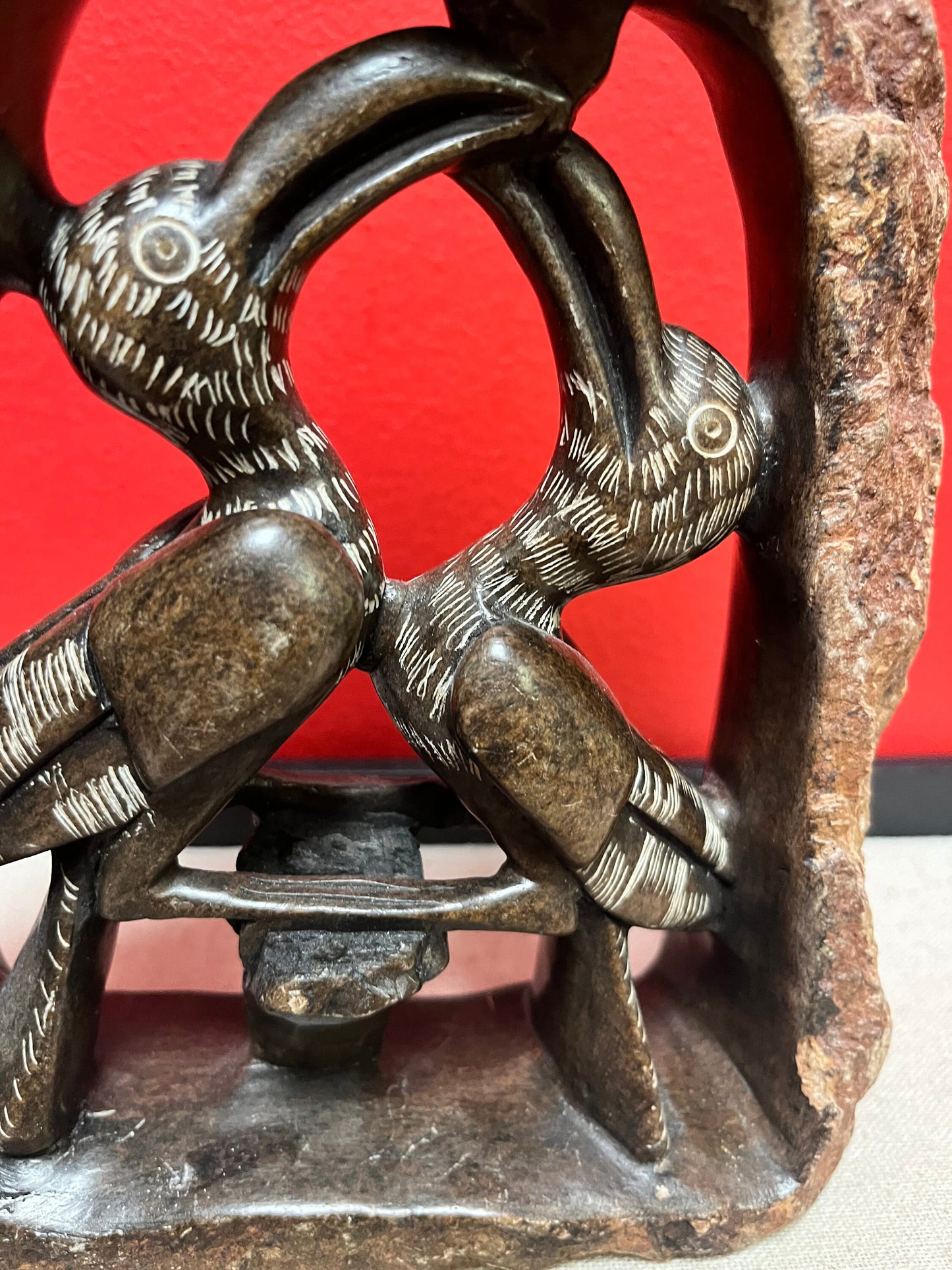 Lovely 7 x 8 tall Zimbabwe soapstone and rock bird sculpture   incredible detail and very heavy