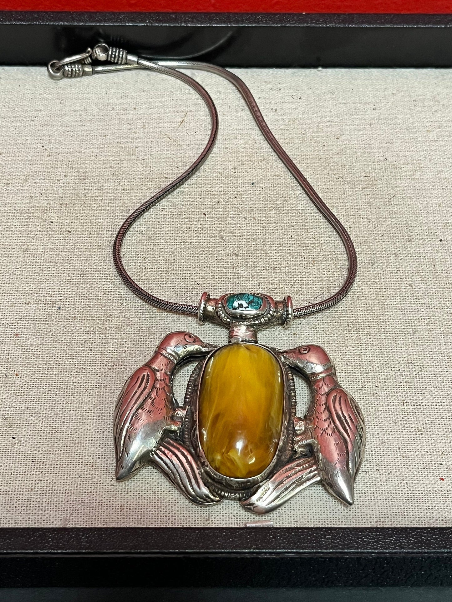 Huge Navajo sterling silver 3 inch pendant with inset turquoise and amber like stone   comes with silver chain  amazing piece