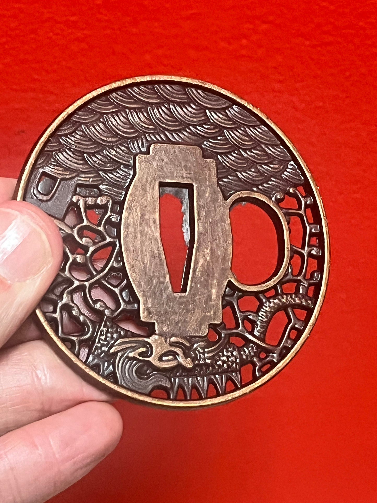 3 inch Japanese metal samurai tsuba vintage, depicting dragons  from major collection