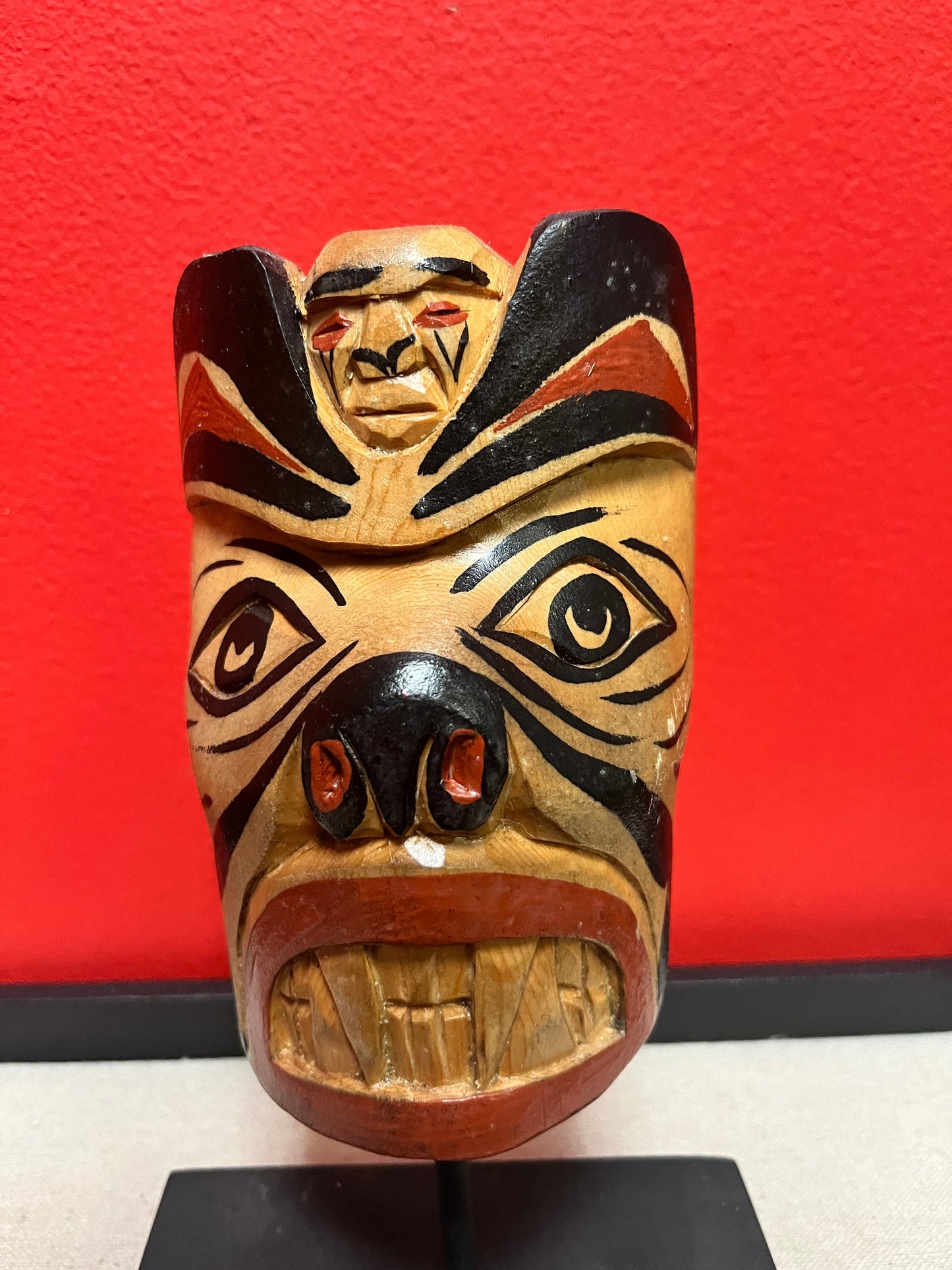 Lovely 9 inch tall signed indigenous first nations Pacific Northwest coast mask on stand  Stan Joseph