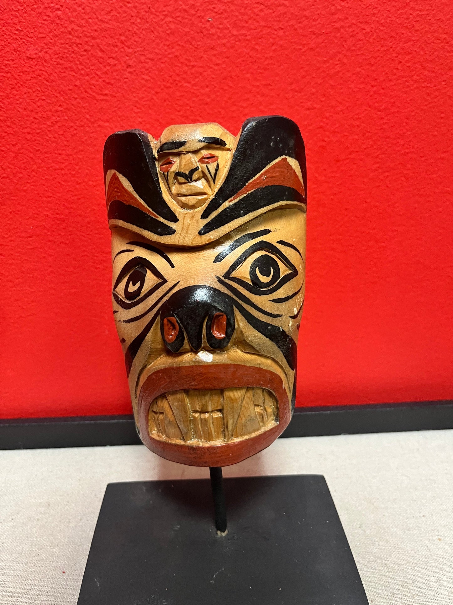 Lovely 9 inch tall signed indigenous first nations Pacific Northwest coast mask on stand  Stan Joseph